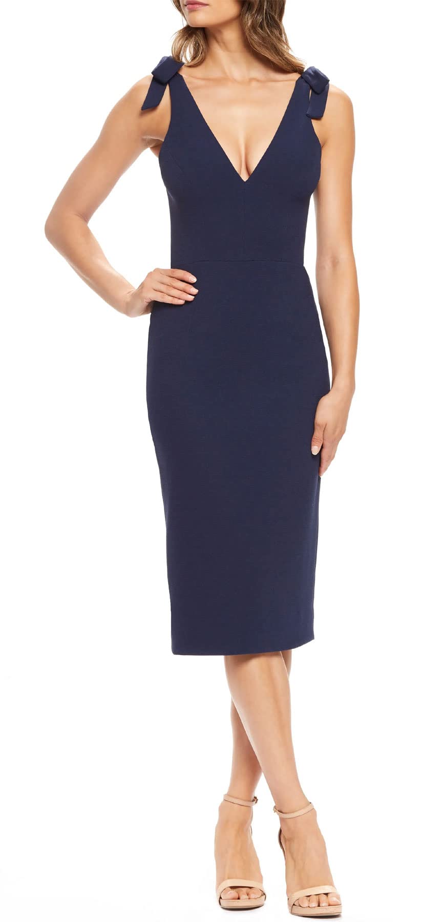 Dress the Population Women's Lita Sleeveless Plunging V-Neck Midi Sheath Dress with Bow Details - Elegant Cocktail Party & Wedding Guest Attire
