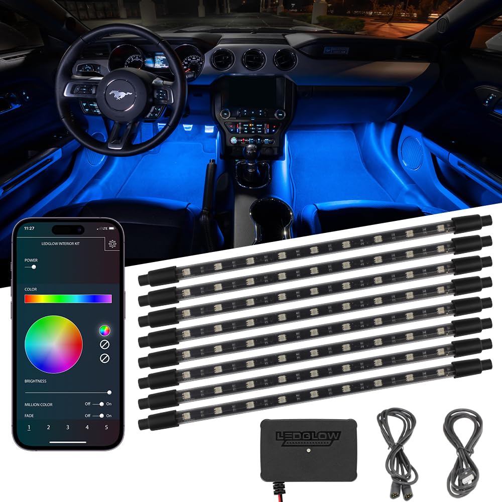 LEDGlow 8-Piece Bluetooth Multi-Color LED Interior Car Lighting Kit with Smartphone App - Customizable RGB Footwell & Underdash Neon Lights for Cars, Trucks & SUVs - Music Sync Mode & Universal Control Box - Perfect for Night Driving & Car Shows