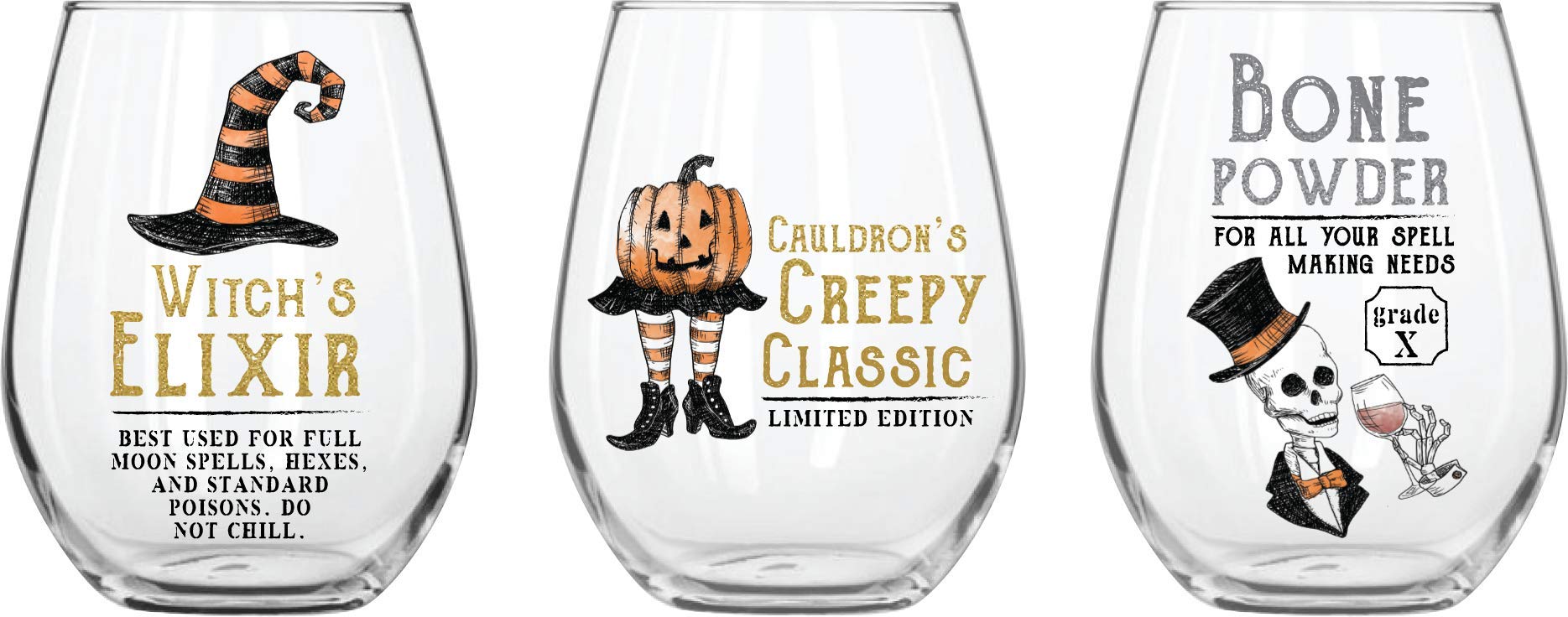 Mud Pie Skeleton Wine Glasses - Set of 4, 16 oz Halloween Party Cups with Stem, Perfect for Spooky Decor, Themed Parties & Wine Tasting Nights