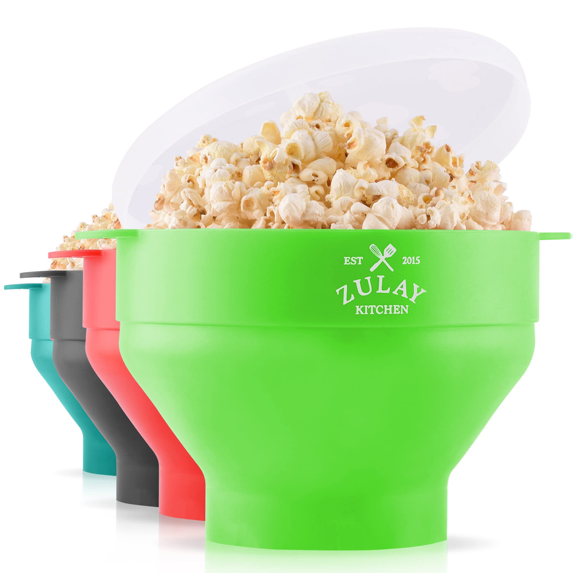 Zulay Kitchen Large BPA-Free Silicone Microwave Popcorn Maker - Collapsible Popcorn Popper Bowl with Lid for Family Movie Nights - Light Green Microwave Safe Popcorn Bowl for Healthy Snacking at Home