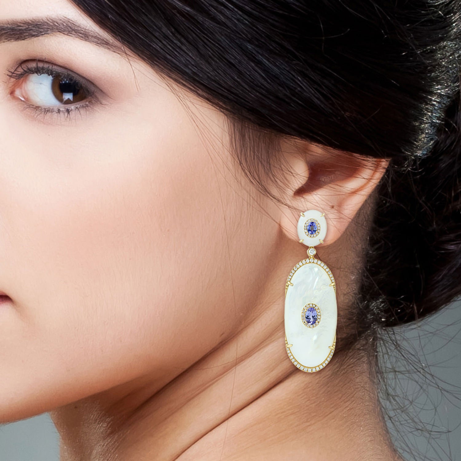 Exquisite Yellow Gold Tanzanite & Diamond Dangler Earrings with Mother of Pearl Bezel | Perfect for Weddings, Parties & Special Occasions