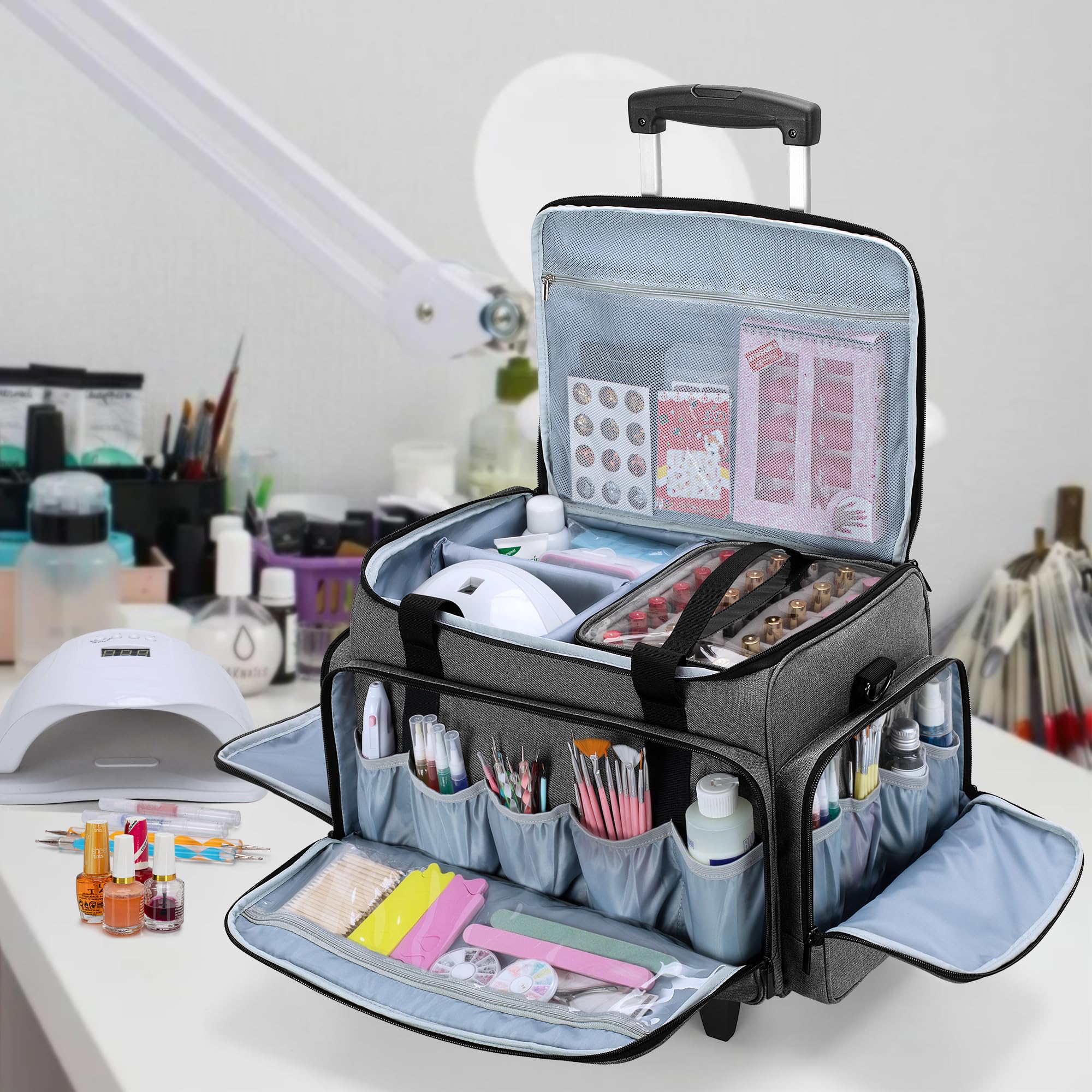 Luxja Portable Nail Polish Organizer Bag with Wheels - Holds 90 Bottles & Nail Lamp, Detachable Trolley Storage Case for Salon & Home Use (Grey) | Perfect for Professional Nail Technicians & DIY Manicures