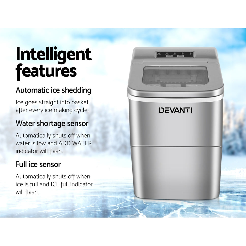 Devanti Portable Ice Cube Maker - Fast & Quiet Countertop Ice Machine, Silver | Perfect for Home, Office, RV & Outdoor Use