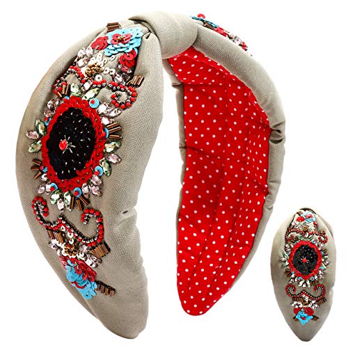 CEALXHENY Women's Fashion Hair Accessories - Embroidered Beaded Headbands with Crystal Decorations, Trendy Twist Knotted Hair Hoops for Women & Girls | Perfect for Parties, Weddings, Holidays & Everyday Wear (Color B)