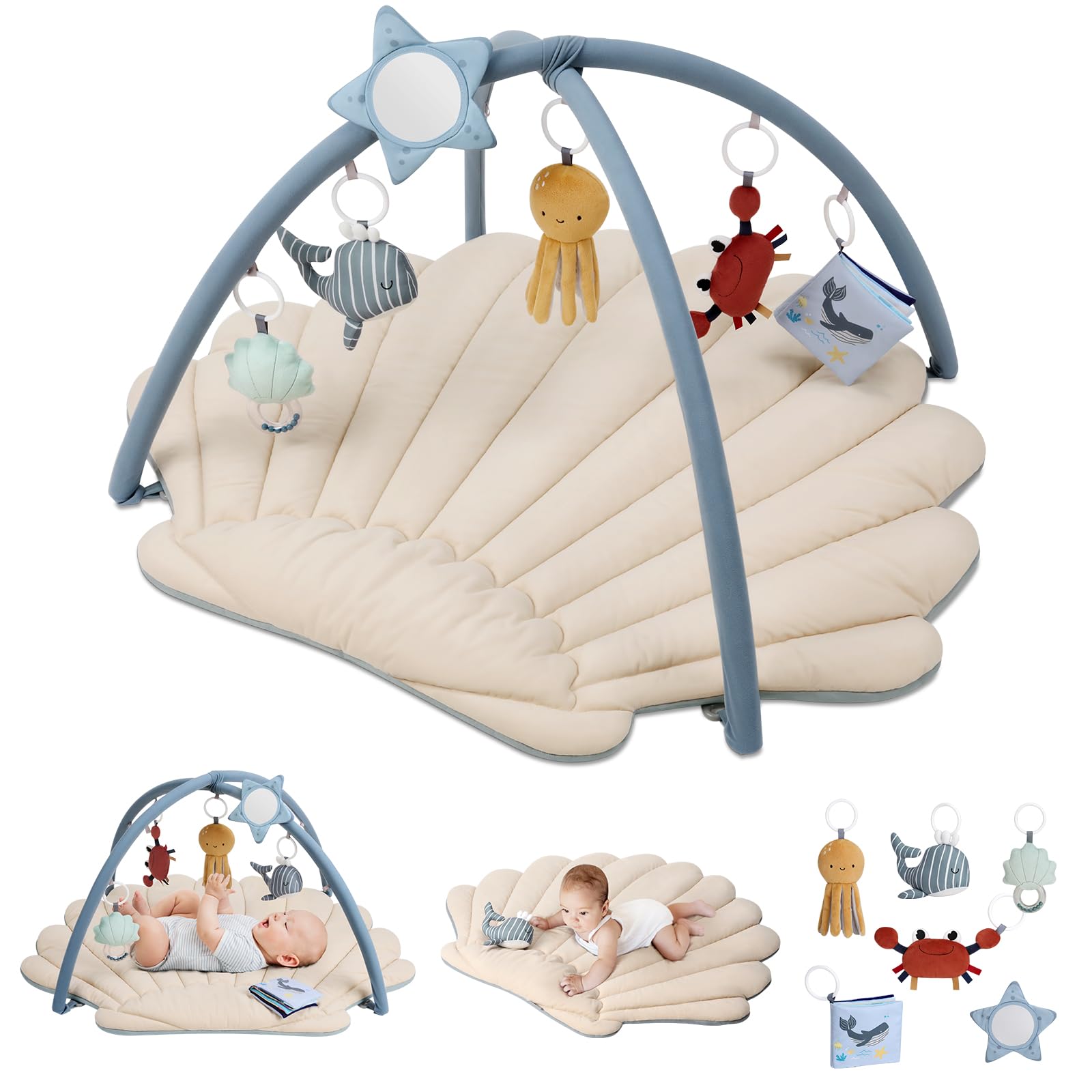 Blissful Diary Shell Baby Play Gym Mat - Extra Soft & Large Tummy Time Activity Mat with 6 Detachable Toys for Sensory & Motor Skill Development | Newborn Essentials Gift | Boho Ocean Theme | Perfect for Nursery Playtime & Baby Shower Gifts