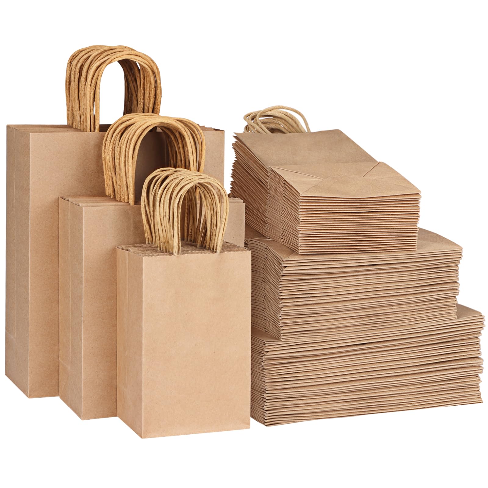 Moretoes 150pcs Kraft Paper Gift Bags with Handles - 8/10/12.6 Inch Assorted Sizes (50 Each) - Eco-Friendly Brown Paper Bags Bulk for Small Business, Retail Shopping, Party Favors & Gift Wrapping