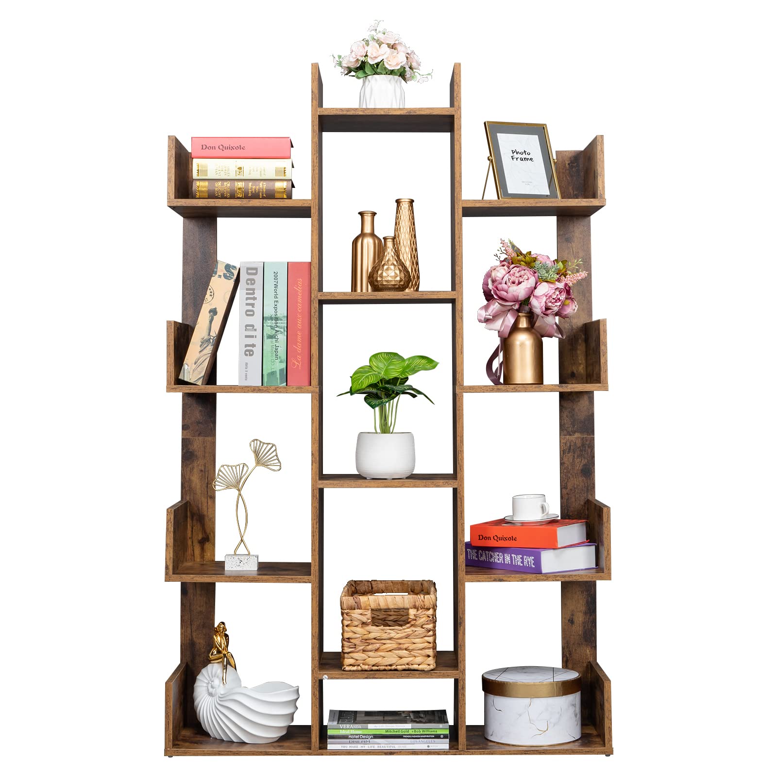 12-Shelf Modern Tree Bookcase - Vintage Wooden Bookshelf for Books, CDs, Records - Home Office Storage Organizer & Decorative Display Shelf - Perfect for Living Room, Study, Library & Office Decor