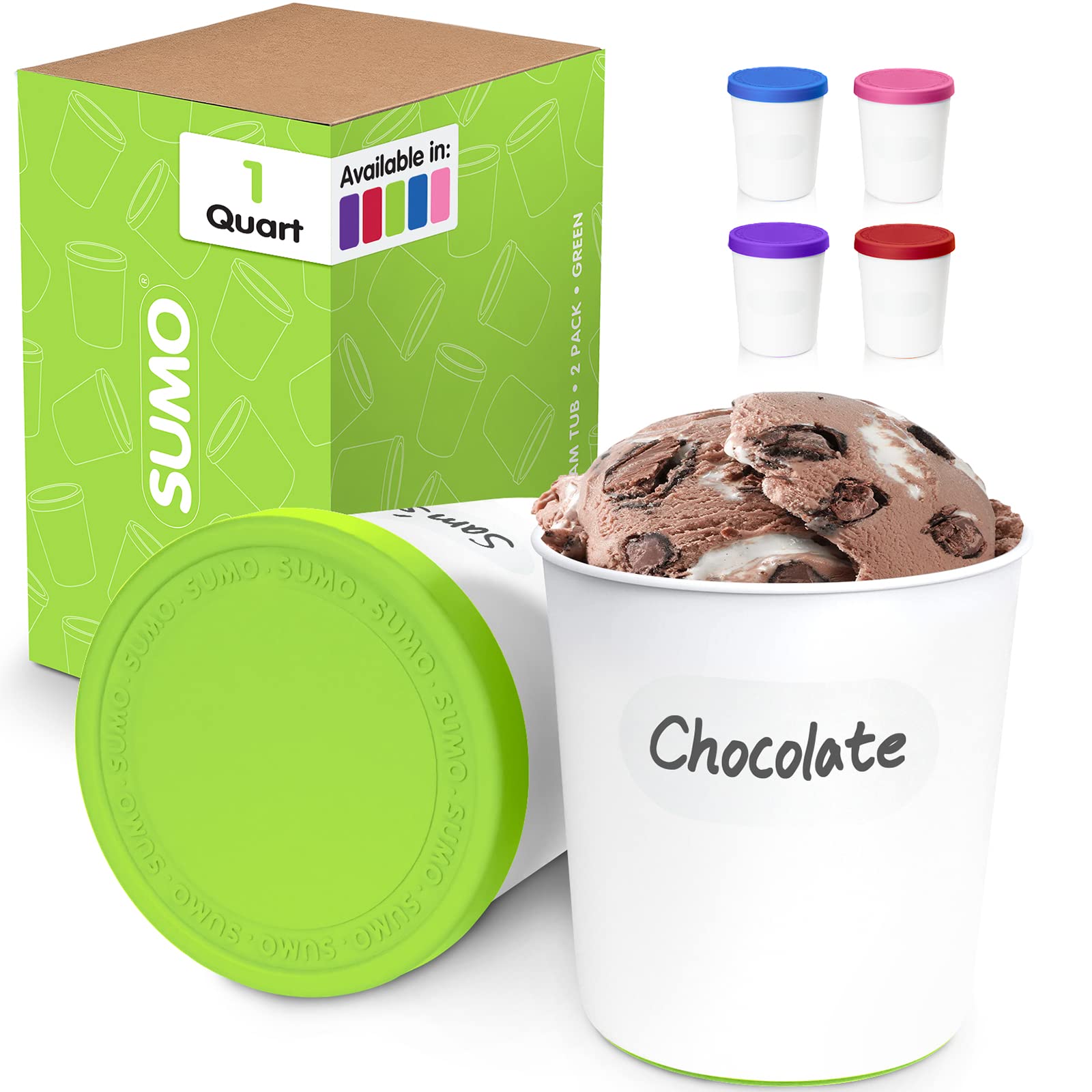 SUMO 1 Quart Reusable Ice Cream Containers with Lids - 2 Pack Green Freezer Storage for Homemade Gelato, Sorbet & Frozen Yogurt | Perfect for Kitchen Organization, Meal Prep & Party Dessert Serving