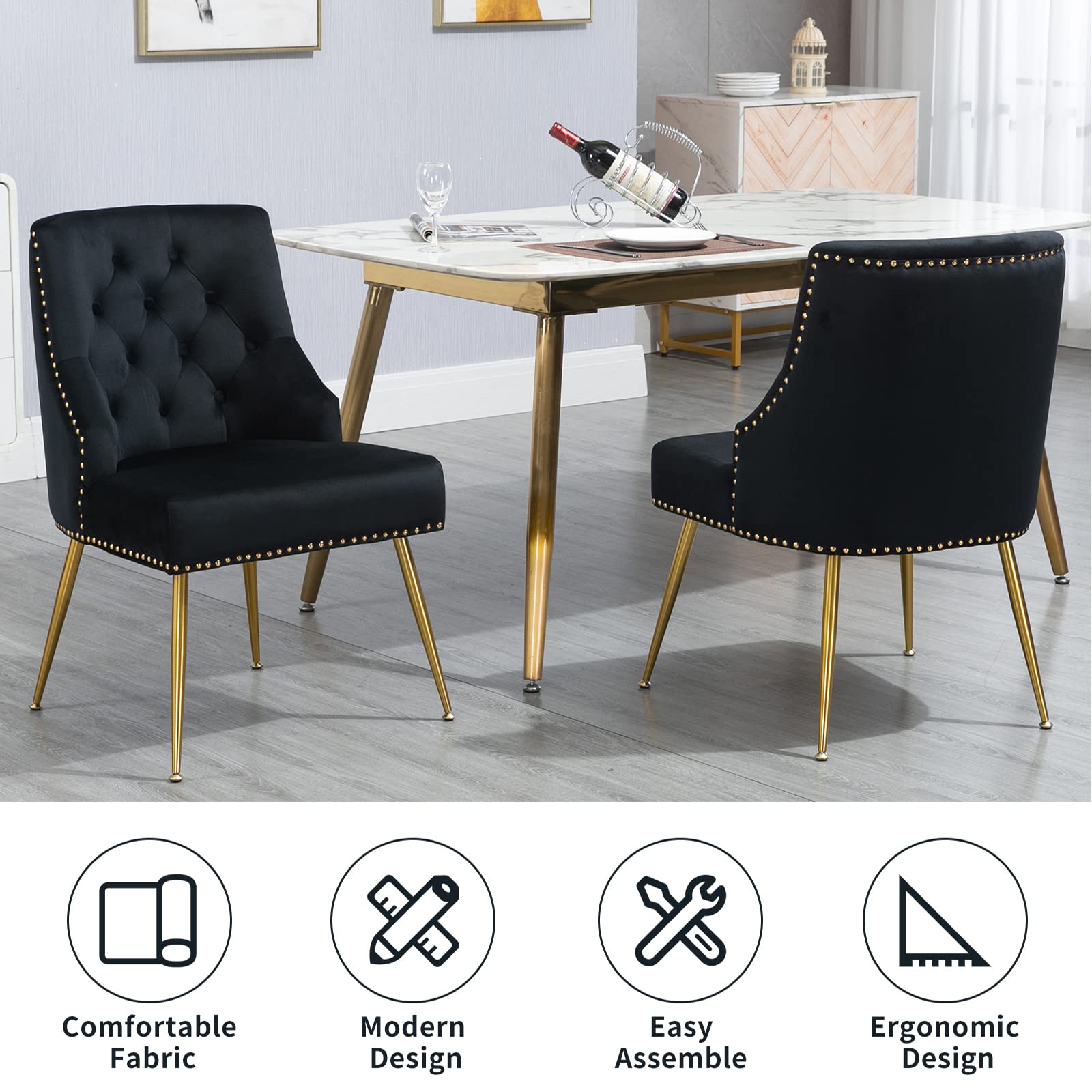 Luxury Velvet Dining Chairs Set of 6 - Modern Mid-Back Upholstered Button-Tufted Armless Chairs with Gold Metal Legs for Kitchen, Dining Room & Living Room - Elegant Home Decor for Dinner Parties & Family Gatherings (Black)