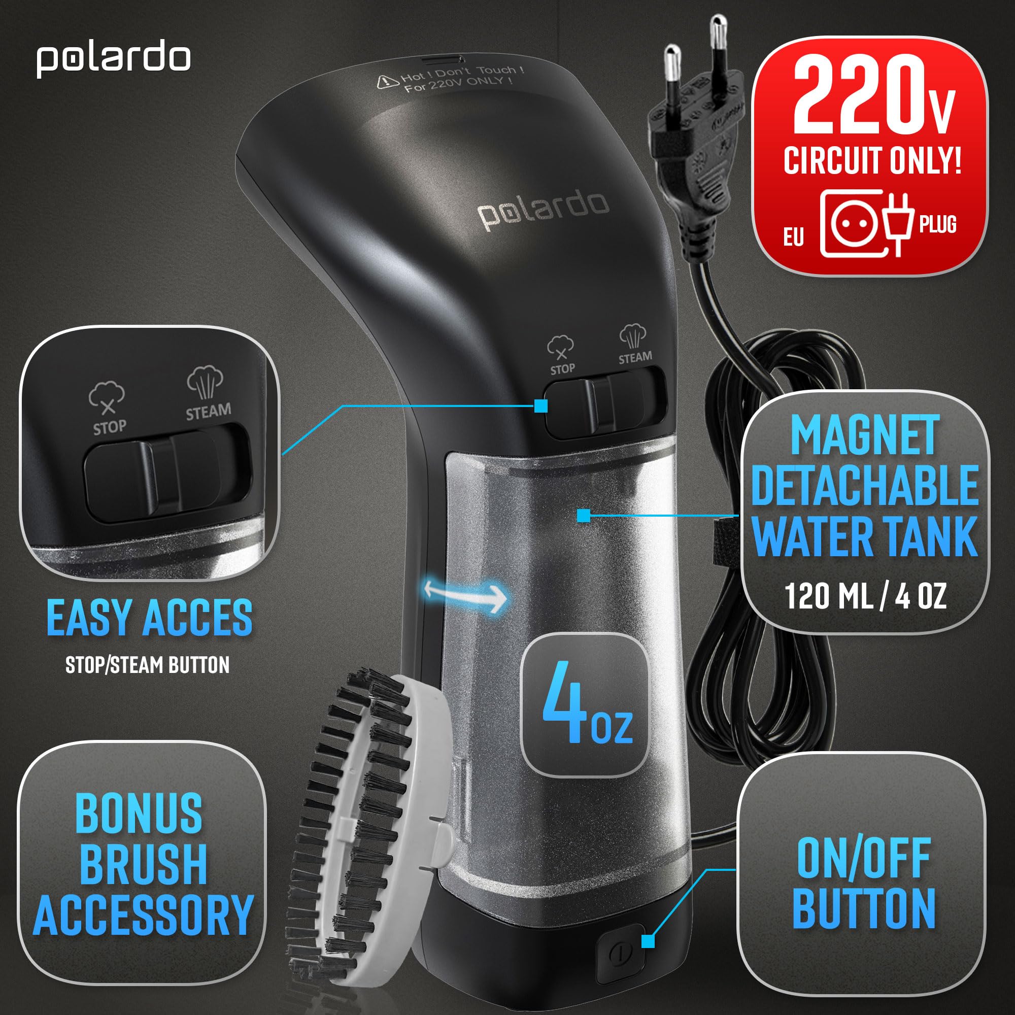 220V Handheld Portable Travel Garment Steamer for Europe - Fast 25s Heat Up, Metal Steam Head, Pump System - Mini Size Fabric Steamer for Clothes, Dresses, Suits & Home Use - Perfect for Travel, Office & Daily Wardrobe Care