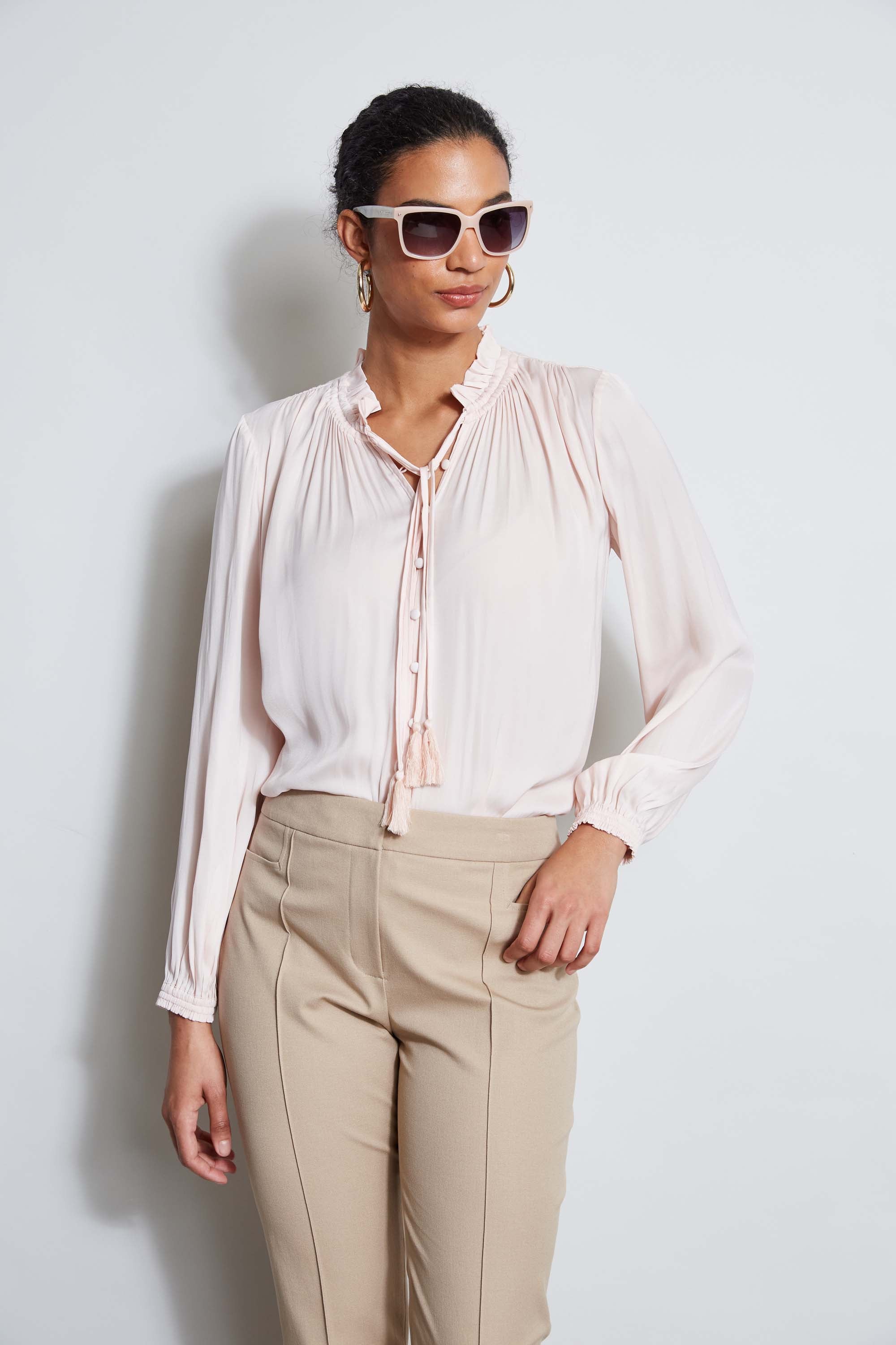 T Tahari Women's Tie Neck Airflow Shirt - Breathable Casual Blouse for Office, Travel & Summer Outfits | Lightweight Comfortable Workwear & Everyday Style