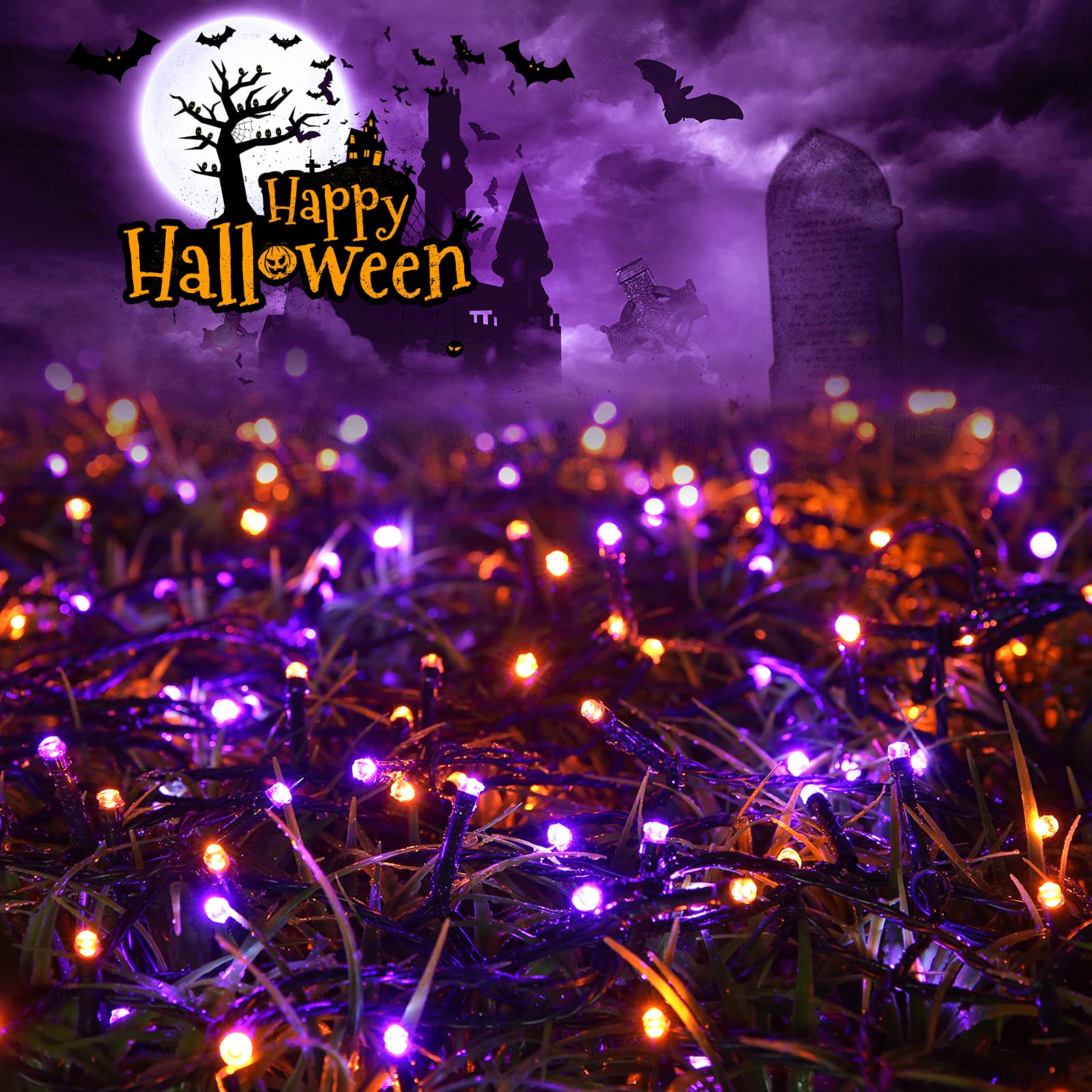 Joomer 2 Pack Halloween Solar String Lights - 144 FT 400 LED Orange & Purple Waterproof Outdoor Lights with 8 Modes for Halloween Decorations, Garden, Patio, Yard, and Party Lighting