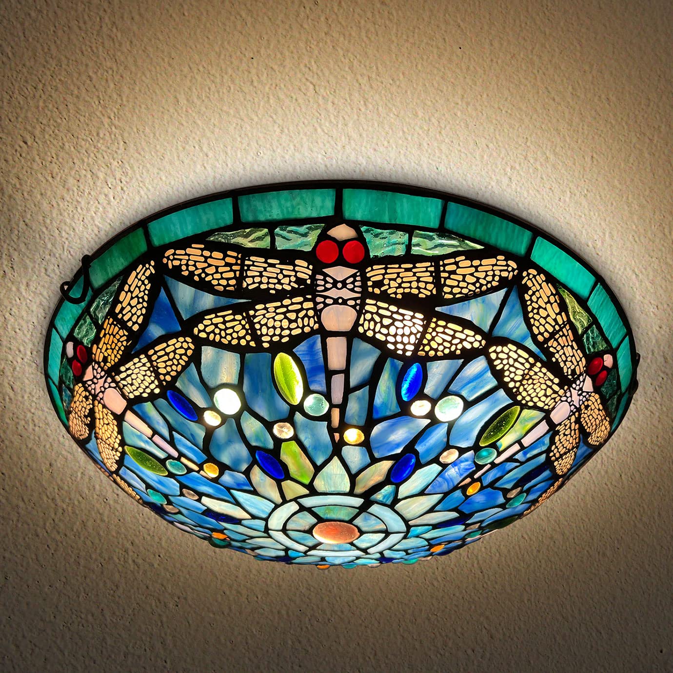 ARTZONE Tiffany Style Stained Glass Ceiling Light Fixture - 16 Inch 3-Light Flush Mount Chandelier for Bedroom, Dining Room, Living Room, Entryway & Foyer - Vintage Inspired Home Decor Lighting for Romantic Ambiance & Classic Interior Design