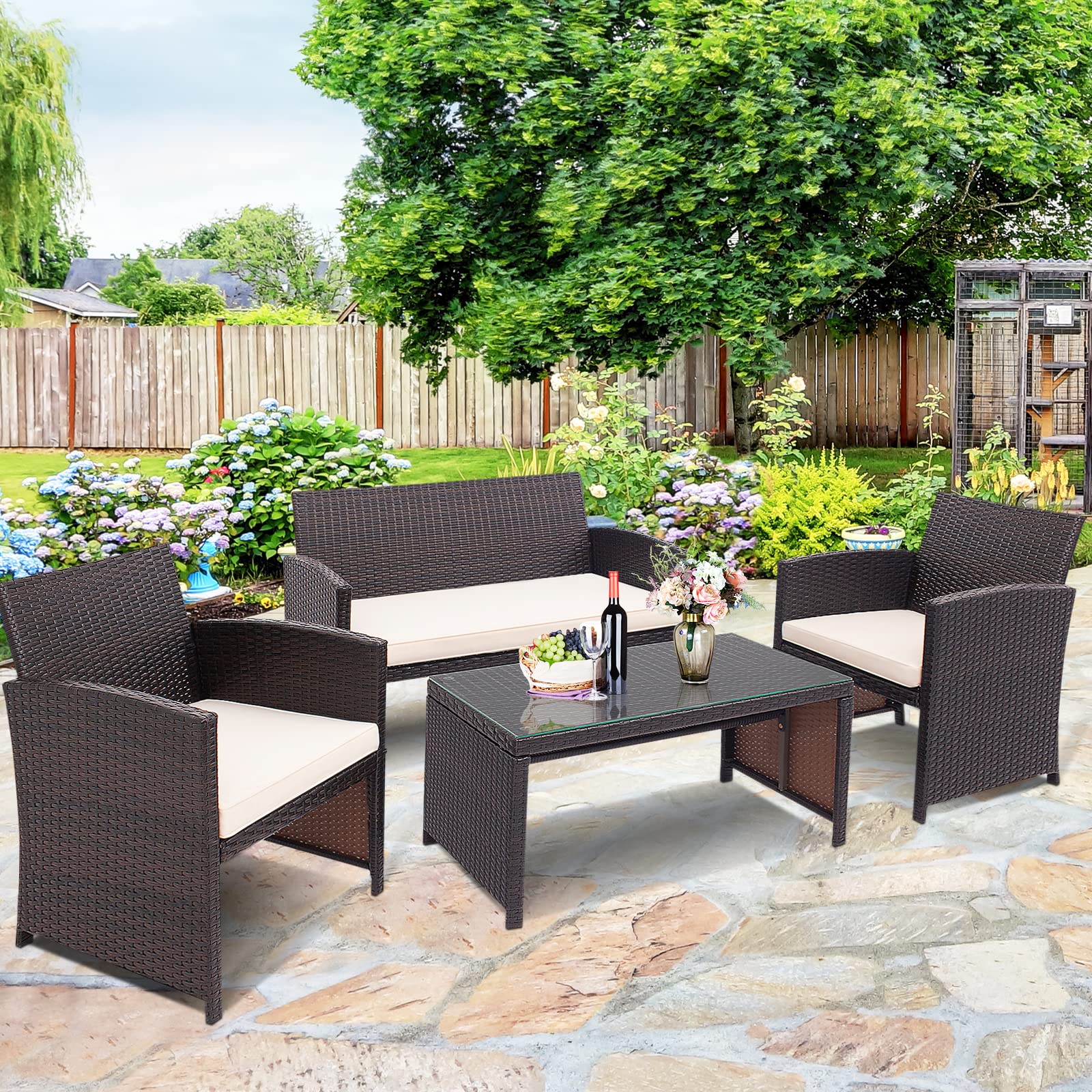 RELAX4LIFE 4-Piece Outdoor Patio Furniture Set with Cushions - Wicker Conversation Set Includes 2 Chairs, Loveseat & Tempered Glass Coffee Table - White Garden Furniture for Backyard, Porch, Poolside & Outdoor Entertaining
