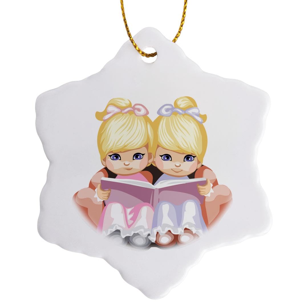 3D Rose Porcelain Snowflake Ornament - 3-Inch Twin Sisters Christmas Tree Decoration for Holiday Home Decor & Gift Giving