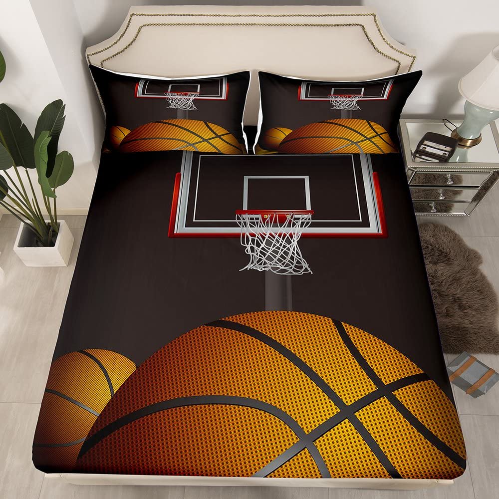 Feelyou 3D Basketball Fitted Sheet Set - Twin Size Microfiber Sports Theme Bedding for Kids & Teens | Perfect for Boys & Girls Bedrooms, Basketball Player Gifts, and Game Room Decor