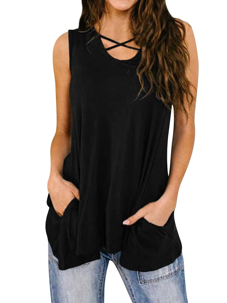 Women's U Neck Keyhole V Back Tank Top with Side Pocket - Loose Fit Summer Tops for Casual Wear, Beach Outfits & Yoga