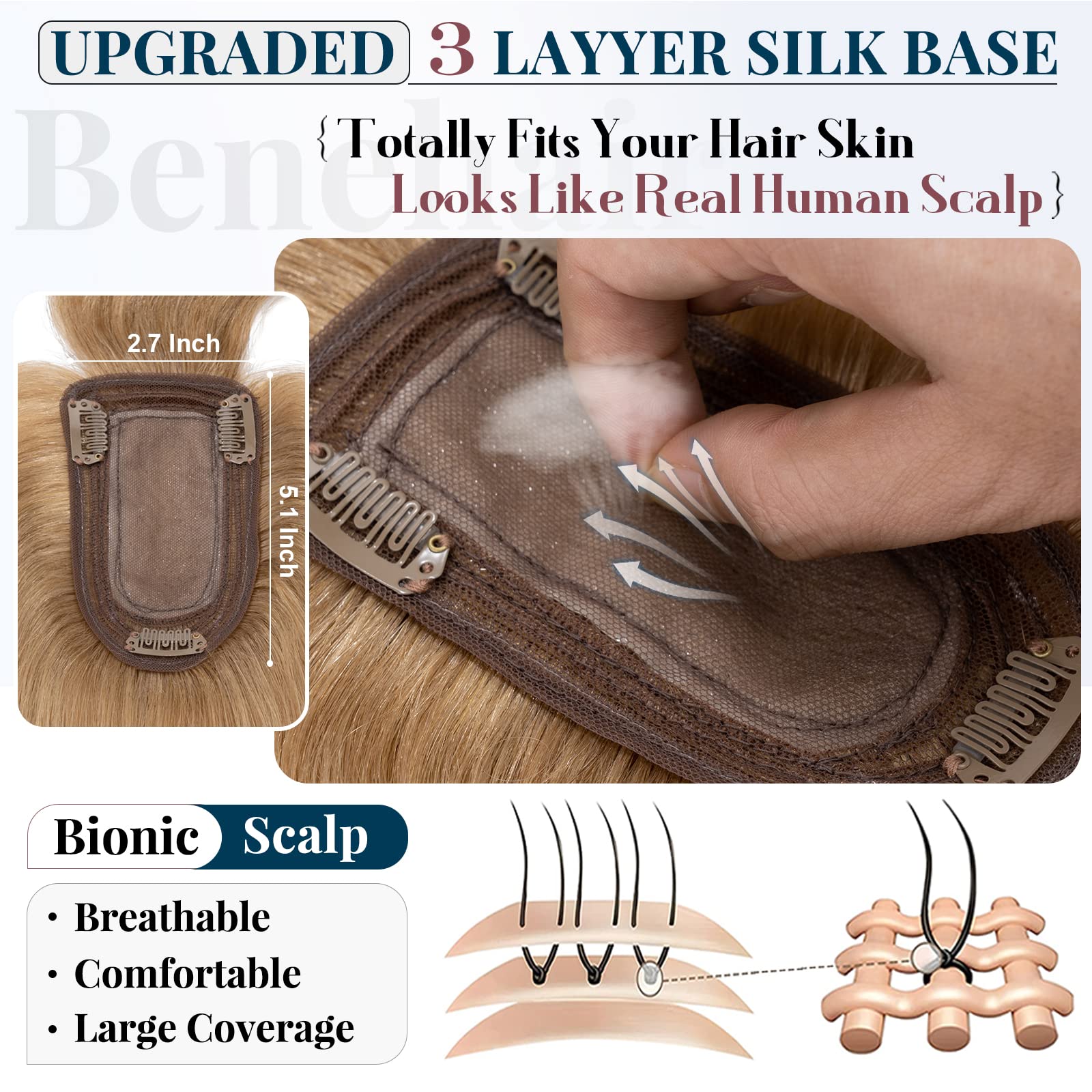 Benehair Clip-in Hair Topper with Bangs - 100% Human Hair Top Hairpiece for Women with Thinning Hair | 16 Inch 48g #27 Dark Blonde | Natural-Looking Fringe Bang Replacement Wiglet for Everyday Wear & Special Occasions
