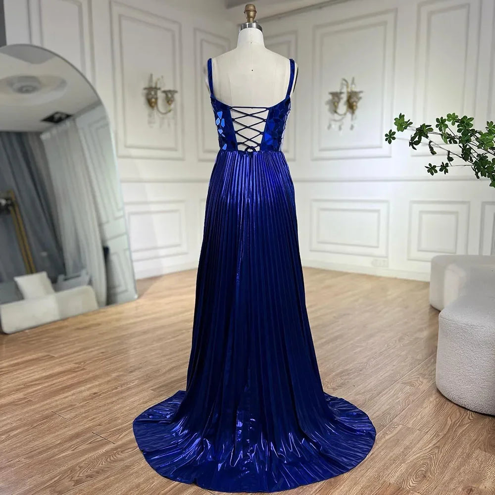Elegant Blue Spaghetti Straps Lace-Up Back Mermaid Prom Dress with Beaded Sequins for Women - Perfect for 2025 Weddings, Parties & Special Occasions | LA72612