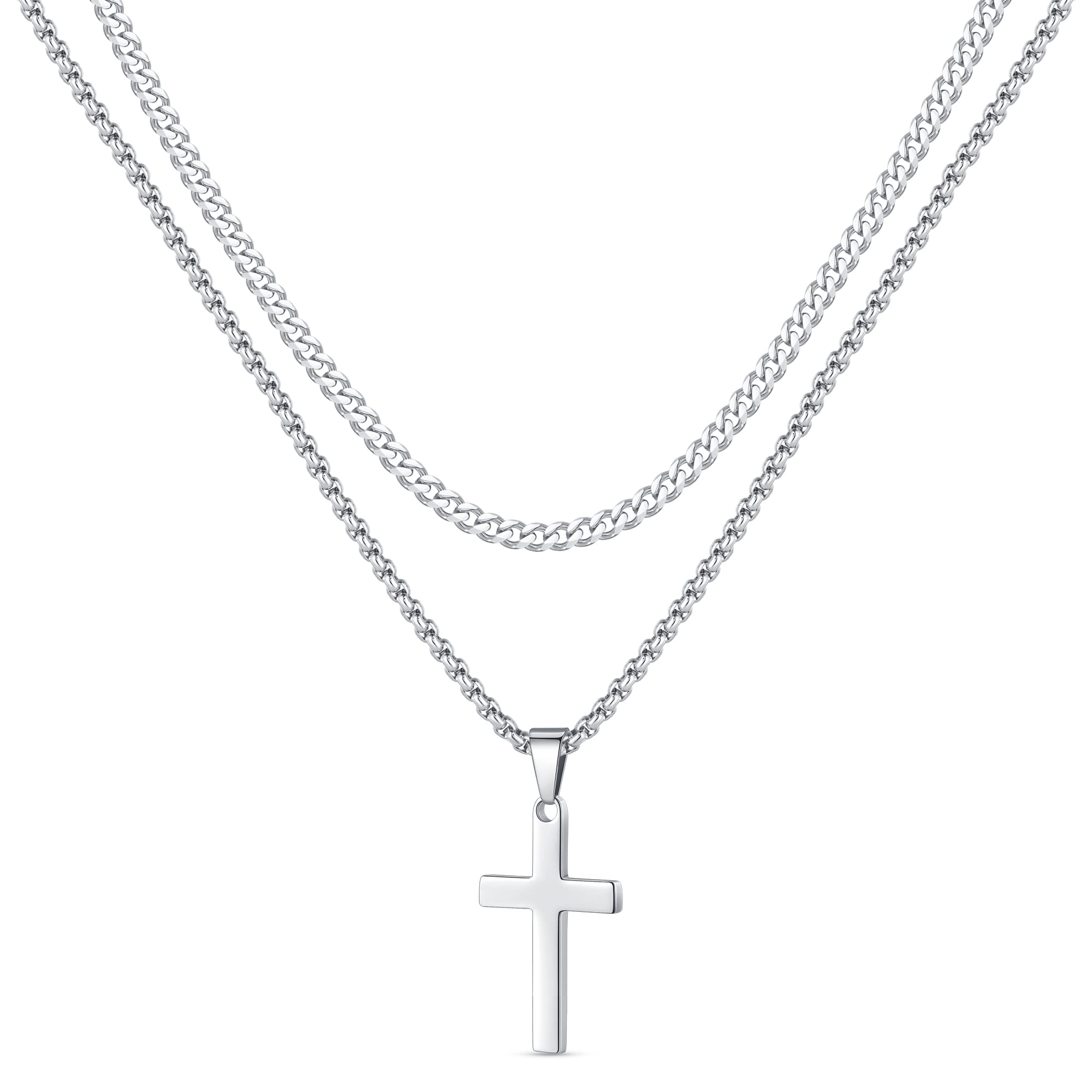 Stainless Steel Cross Pendant Necklace for Men - Gold, Silver & Black Layered Cuban Link Chain | Religious Jewelry Gifts for Him | Perfect for Church, Weddings & Everyday Wear