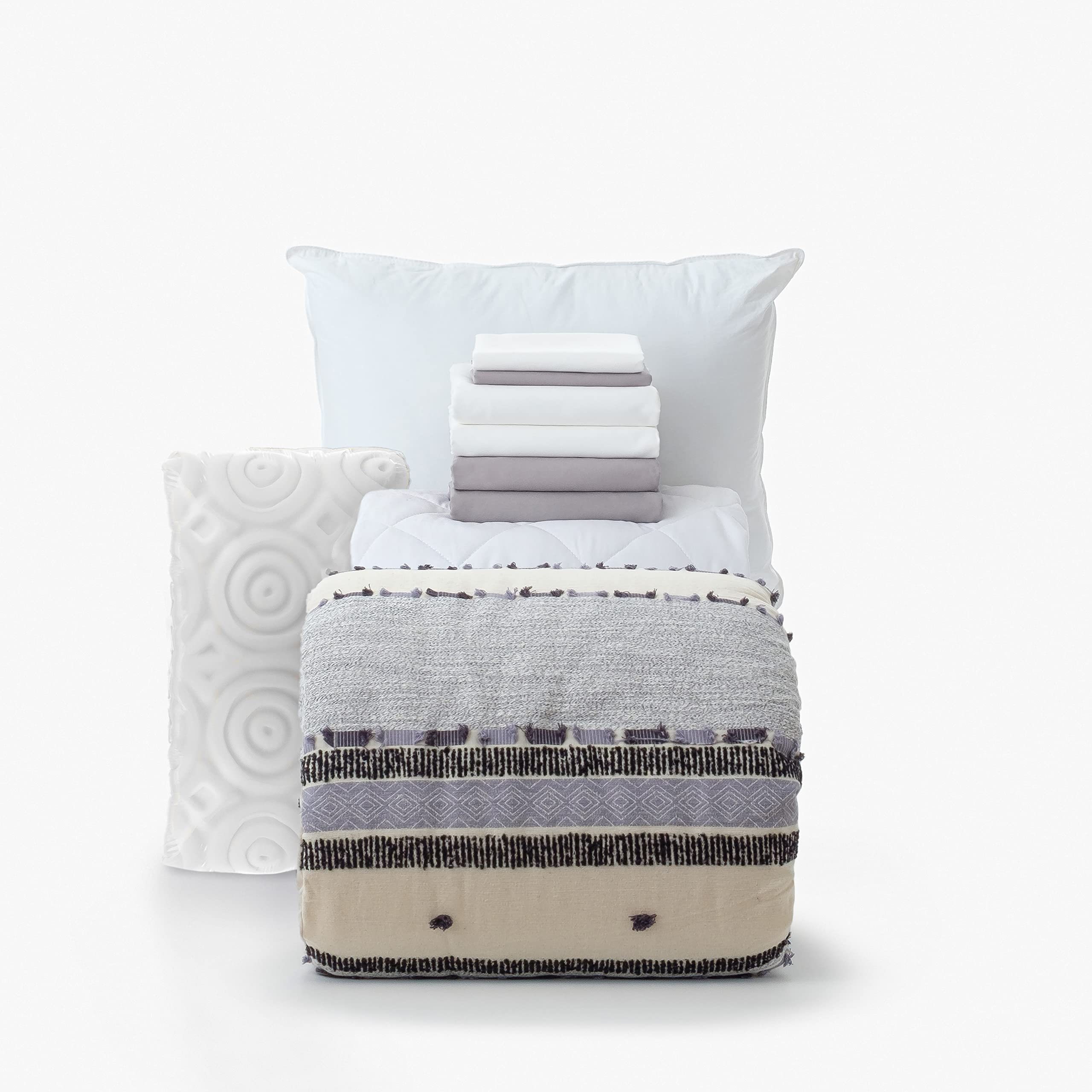 Dawn 10-Piece Twin Bedding Set in Allison Gray | Reversible Twin & Twin XL Comforter, Sheets, Pillowcases | Gray and Natural Stripes Design - Perfect for Dorm Rooms, Guest Bedrooms & Cozy Home Decor