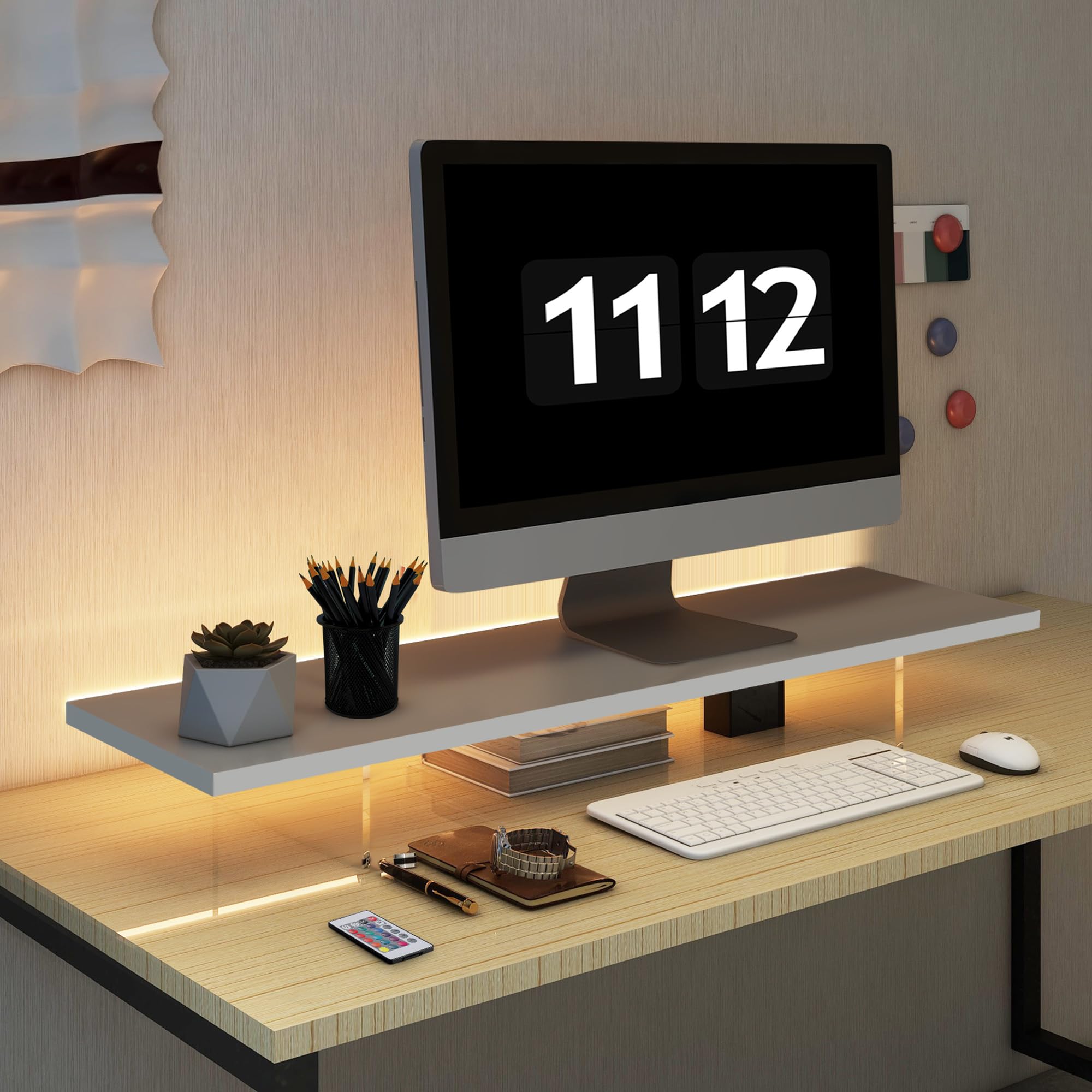 Wood & Acrylic Monitor Stand with LED Light - Adjustable Computer Monitor Riser for Desk, Laptop, Printer & TV - Perfect for Home Office, Gaming Setup & Workspace Organization