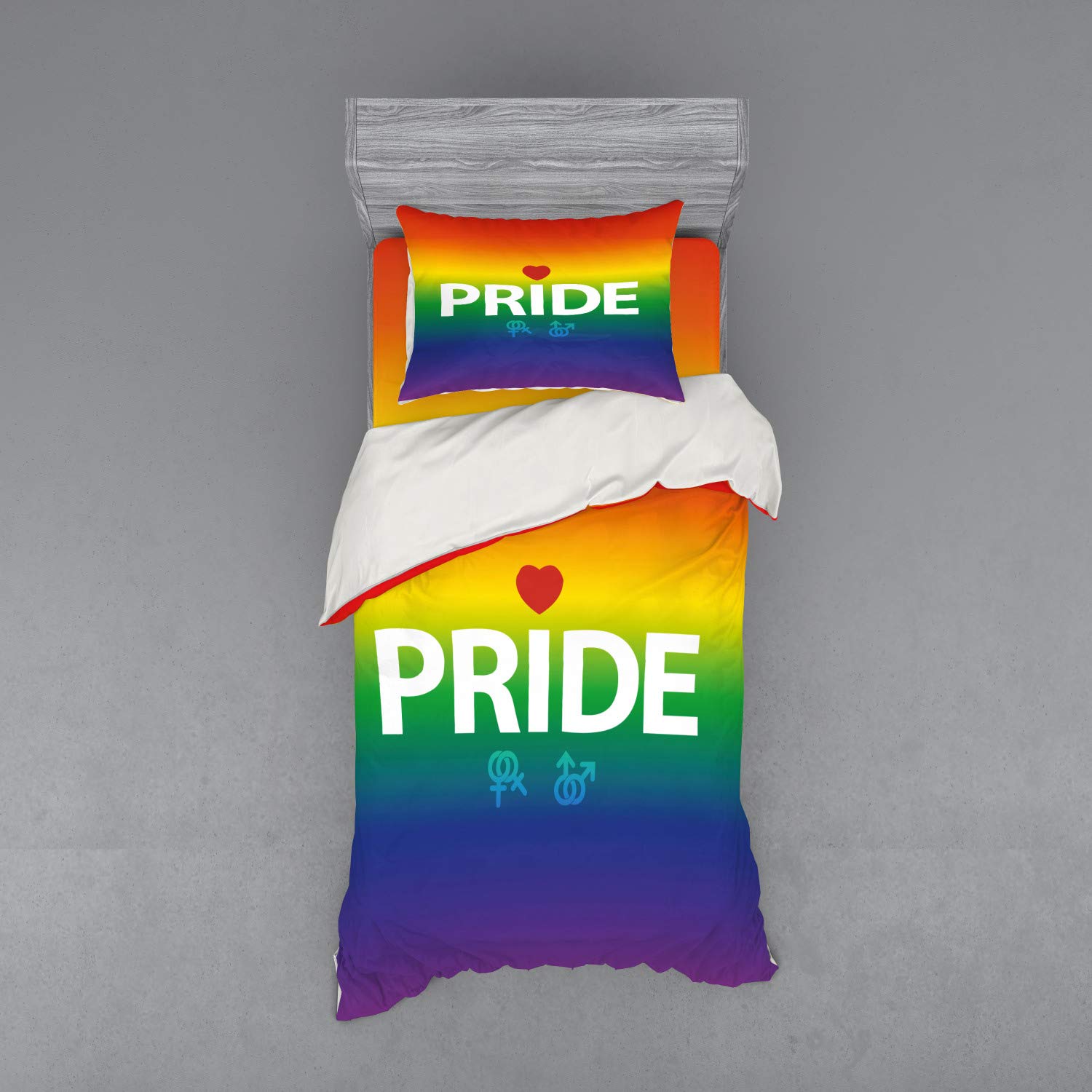 Ambesonne Pride Bedding Set - 3 Piece Duvet Cover with Sham & Fitted Sheet, Twin Size, Vibrant Abstract LGBTQ+ Celebration Design with Gender Symbols & Red Heart, Multicolor - Perfect for Pride Month, LGBTQ+ Events & Rainbow-Themed Bedrooms