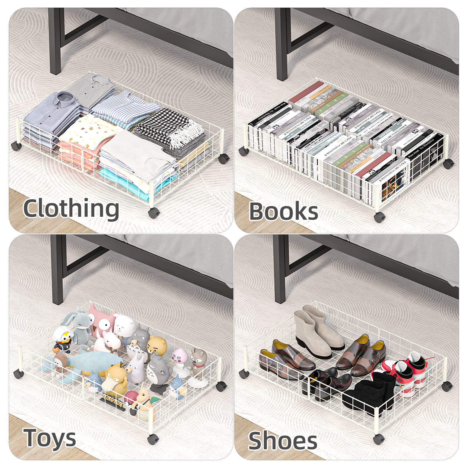 GARVEE 2-Pack Rolling Under Bed Storage Bins with Wheels - Foldable Fabric Organizer for Clothes, Shoes, Blankets & Seasonal Items - Space Saving Bedroom Storage Solution (White) - Perfect for Small Apartments, Dorms & Closet Organization