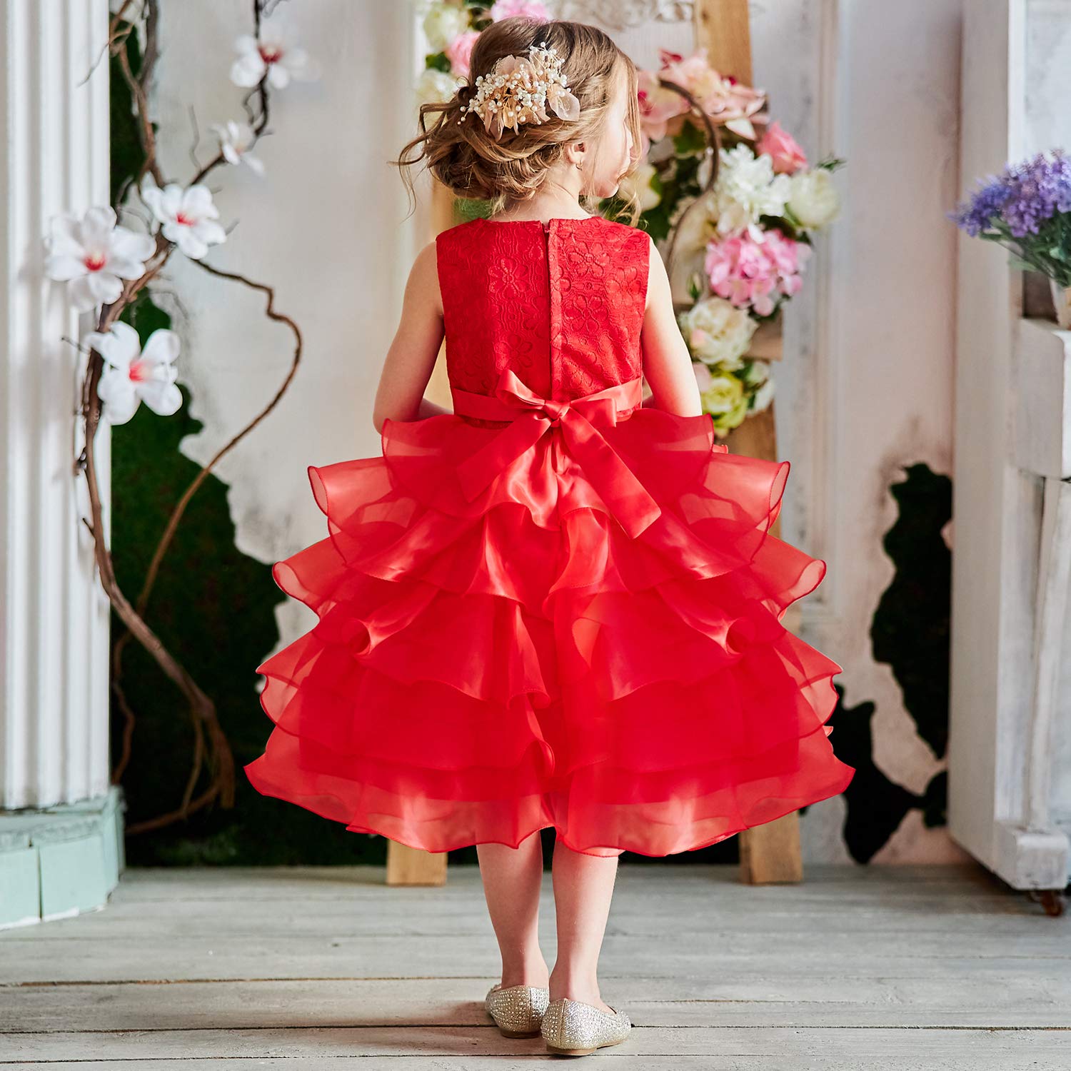 NNJXD Girls' Ruffled Lace Party Dress - Elegant Flower Girl Dress for Weddings, Birthday Parties & Special Occasions
