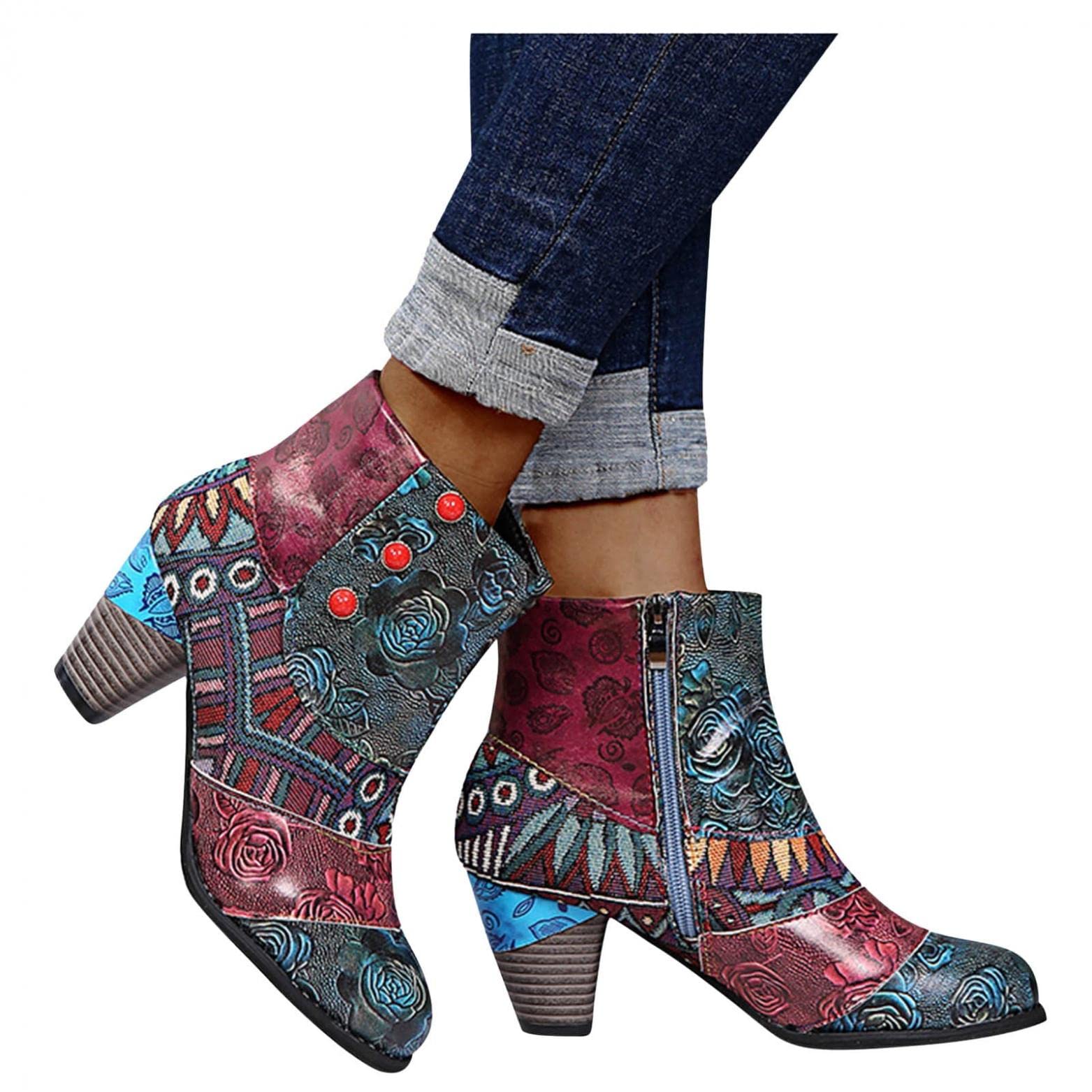 Women's Cowboy Boots - Low Heel Wedge Ankle Boots with V-Cut Design | Chunky Stacked Heel Short Booties for Autumn & Fall Outfits | Perfect for Western Style, Country Music Festivals & Casual Wear