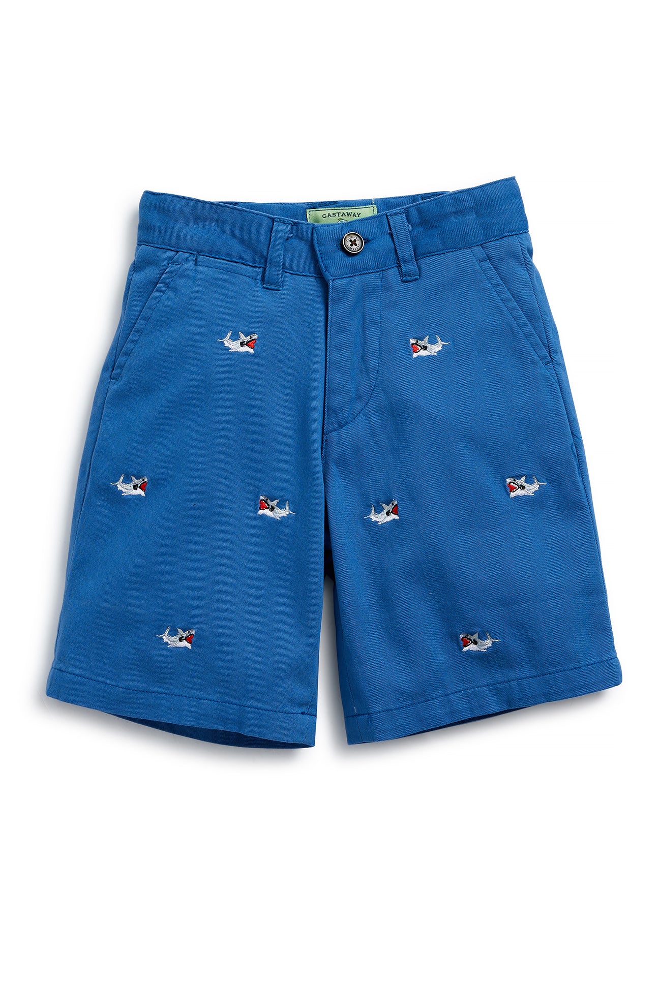 Stretch Twill Jetties Shorts in Deep Ocean Blue with Great White Shark Print - Perfect for Beach, Surfing & Summer Outdoor Activities