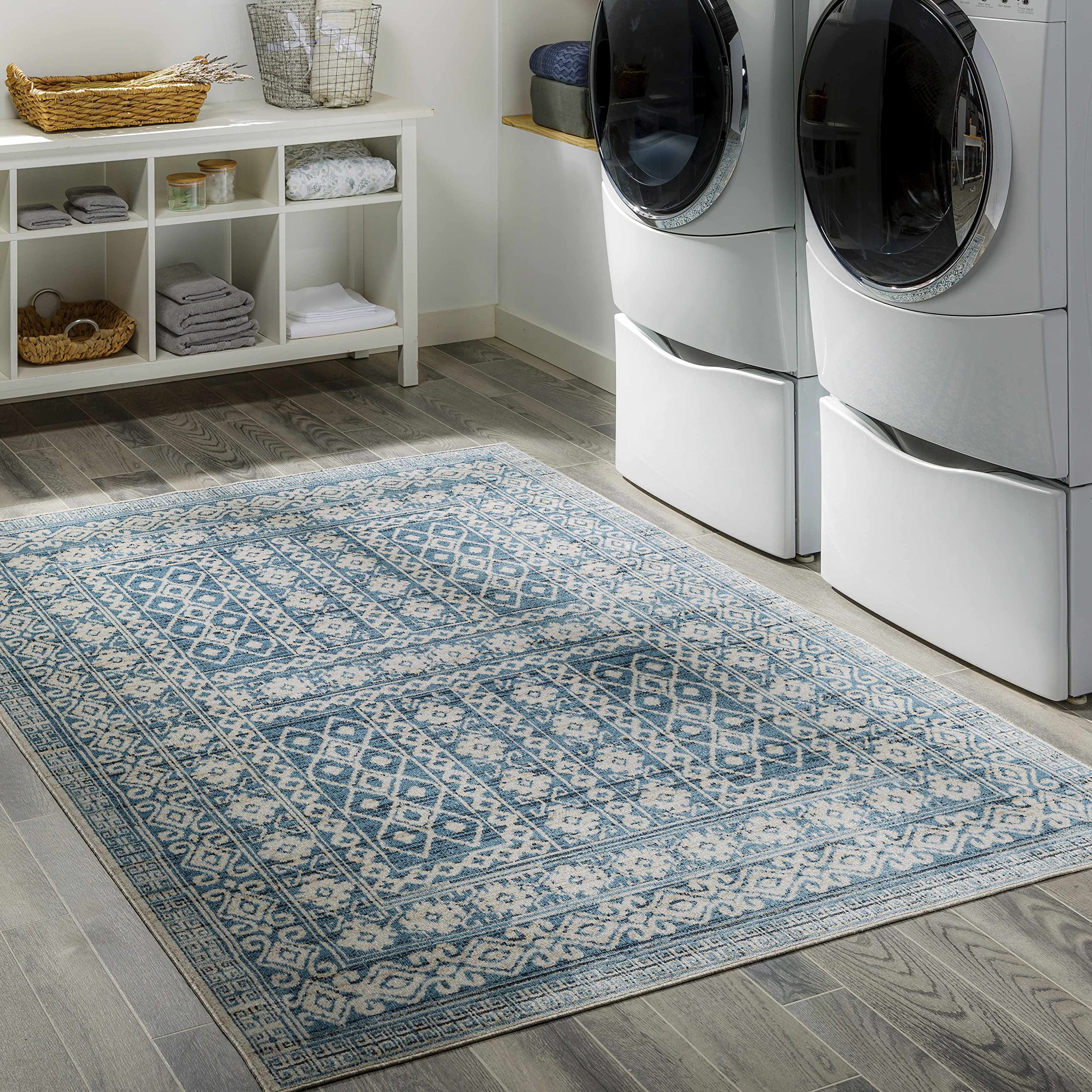 Machine Washable Hauteloom Gandy Area Rug for Living Room & Bedroom - Soft Beige & Blue 7'10