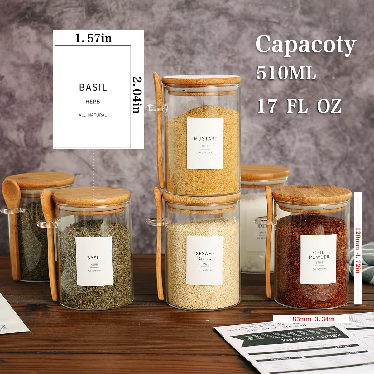 6-Piece Glass Jar Set with Bamboo Lid & Spoon - 17 oz Large Sugar & Spice Storage Containers - Includes 148 Preprinted Pantry Labels - Perfect for Coffee, Tea, Candy & Kitchen Organization