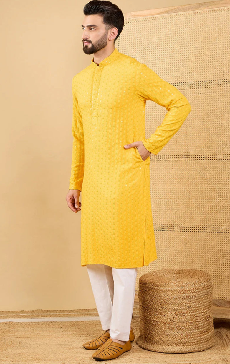 Men's Yellow Embroidered Chikankari Kurta - Traditional Indian Cotton Tunic for Casual Wear & Festive Occasions