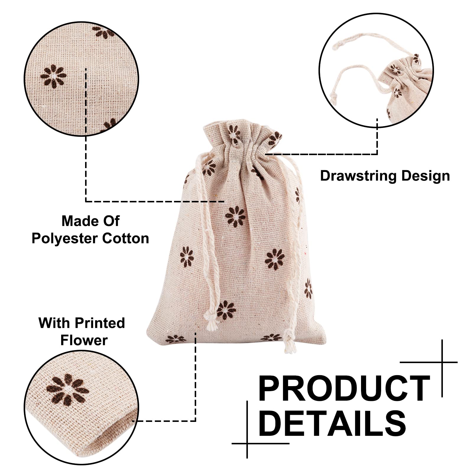 50pcs KISSITTY Drawstring Gift Bags - Printed Floral Pattern Polyester Cotton Pouches (14x10cm) for Jewelry, Party Favors, Wedding, Candy & Snacks | Perfect for Birthday Gifts, Baby Showers & Holiday Treats