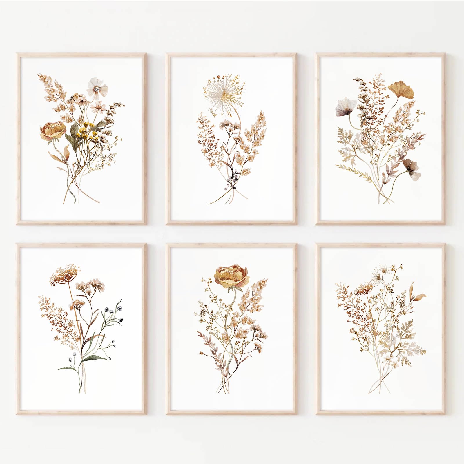 6-Piece Watercolor Flower Wall Art Set - Botanical Wildflower Canvas Prints, Boho Neutral Vintage Floral Decor, Minimalist Farmhouse Posters for Bedroom, Living Room, Home Office - 8x10 Inch Unframed Wall Art - Perfect for Housewarming Gifts, Wedding Decor & Nursery Wall Decor