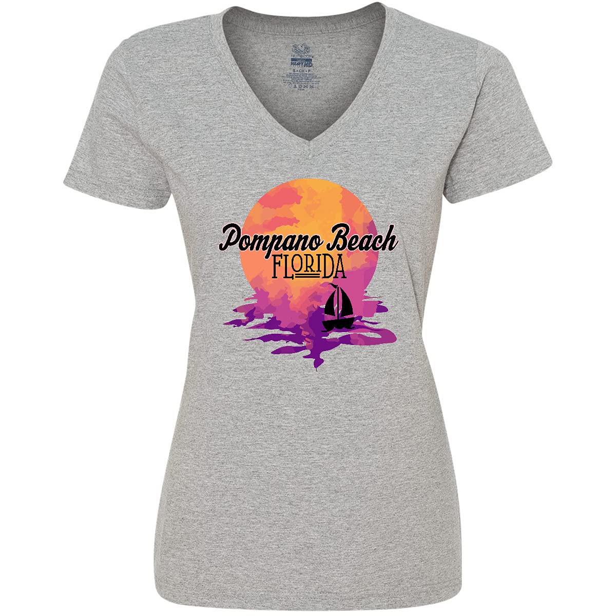 Inktastic Pompano Beach Florida Vacation Sunset Women's V-Neck T-Shirt - Soft & Comfortable Casual Tee for Beach Trips, Summer Outings & Relaxing Getaways