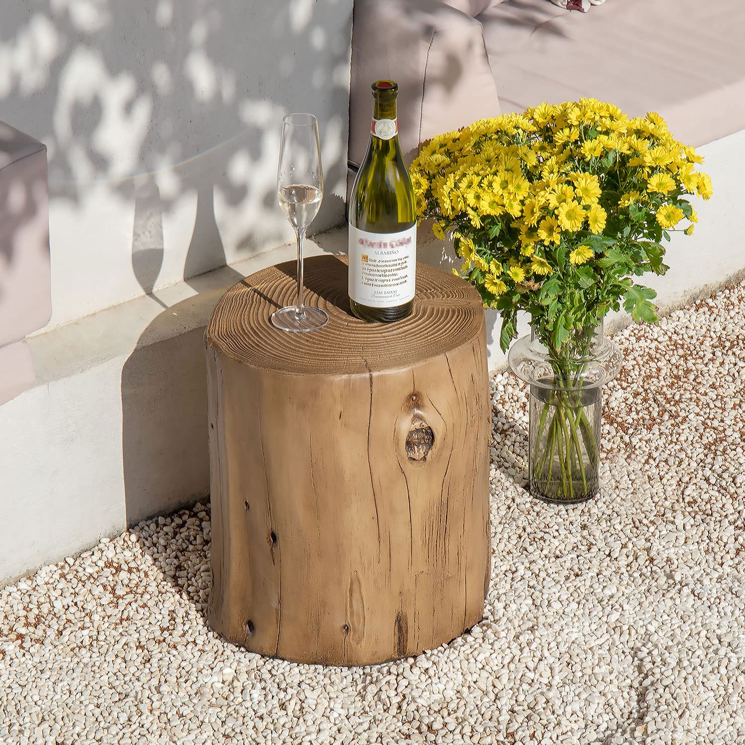 Set of 2 Light Oak Faux Wood Outdoor End Tables - Hand-Painted Wood Stump Stools, Ottomans & Plant Stands for Deck, Garden & Patio Furniture | Perfect for Outdoor Entertaining & Relaxation