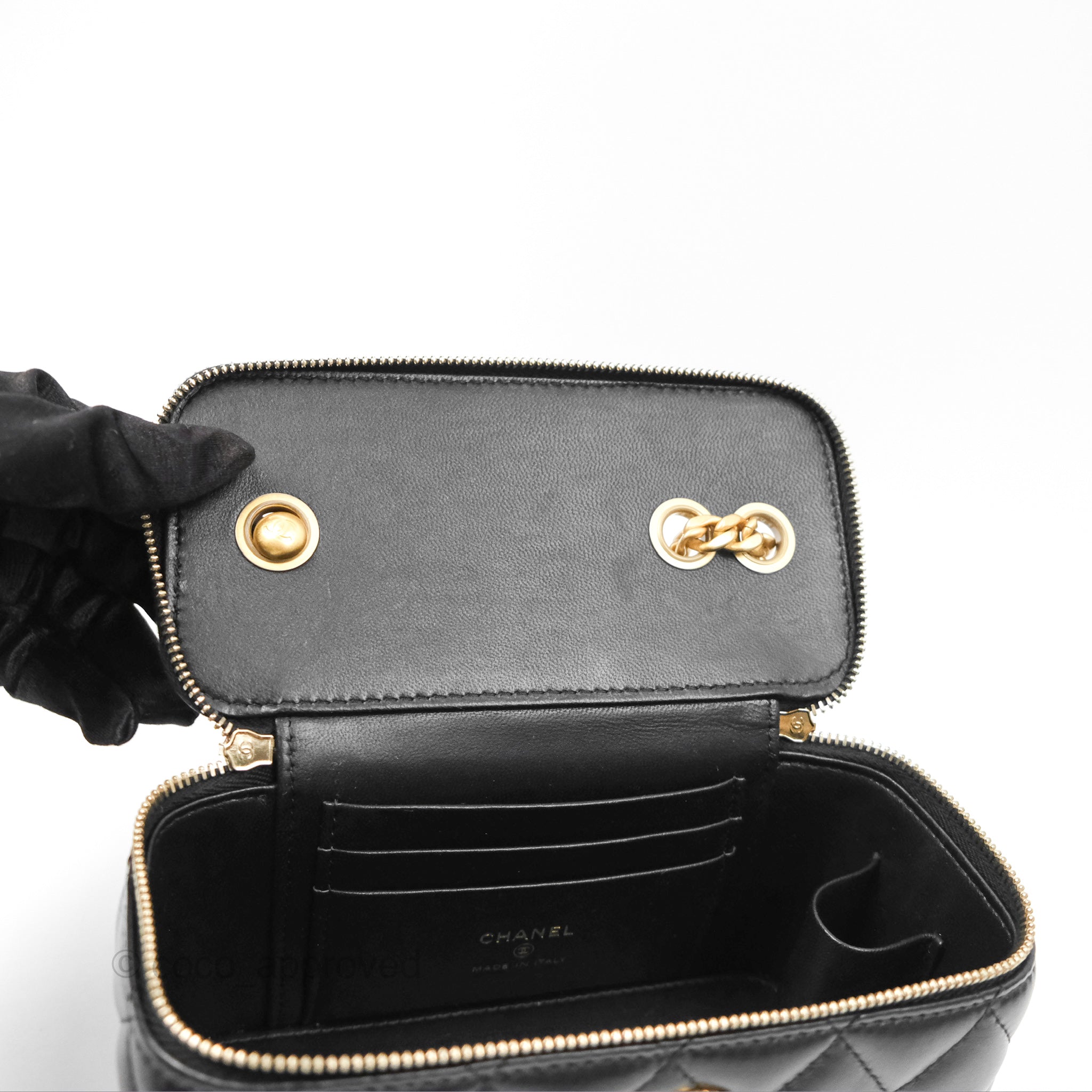 Chanel Adjustable Chain Black Lambskin Vanity Bag with Aged Gold Hardware - Perfect for Evening Events, Parties & Luxury Fashion Accessories