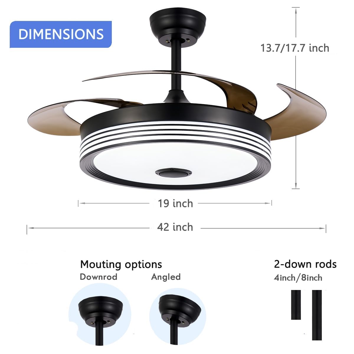 42 Inch Modern Retractable Ceiling Fan with Lights - 6 Speed Dimmable Smart Fandelier, Bluetooth Speaker & RGB Lighting, Remote Control (Black) - Perfect for Living Room, Bedroom & Outdoor Patio - Buy 1 Get 1 Free Spare Part