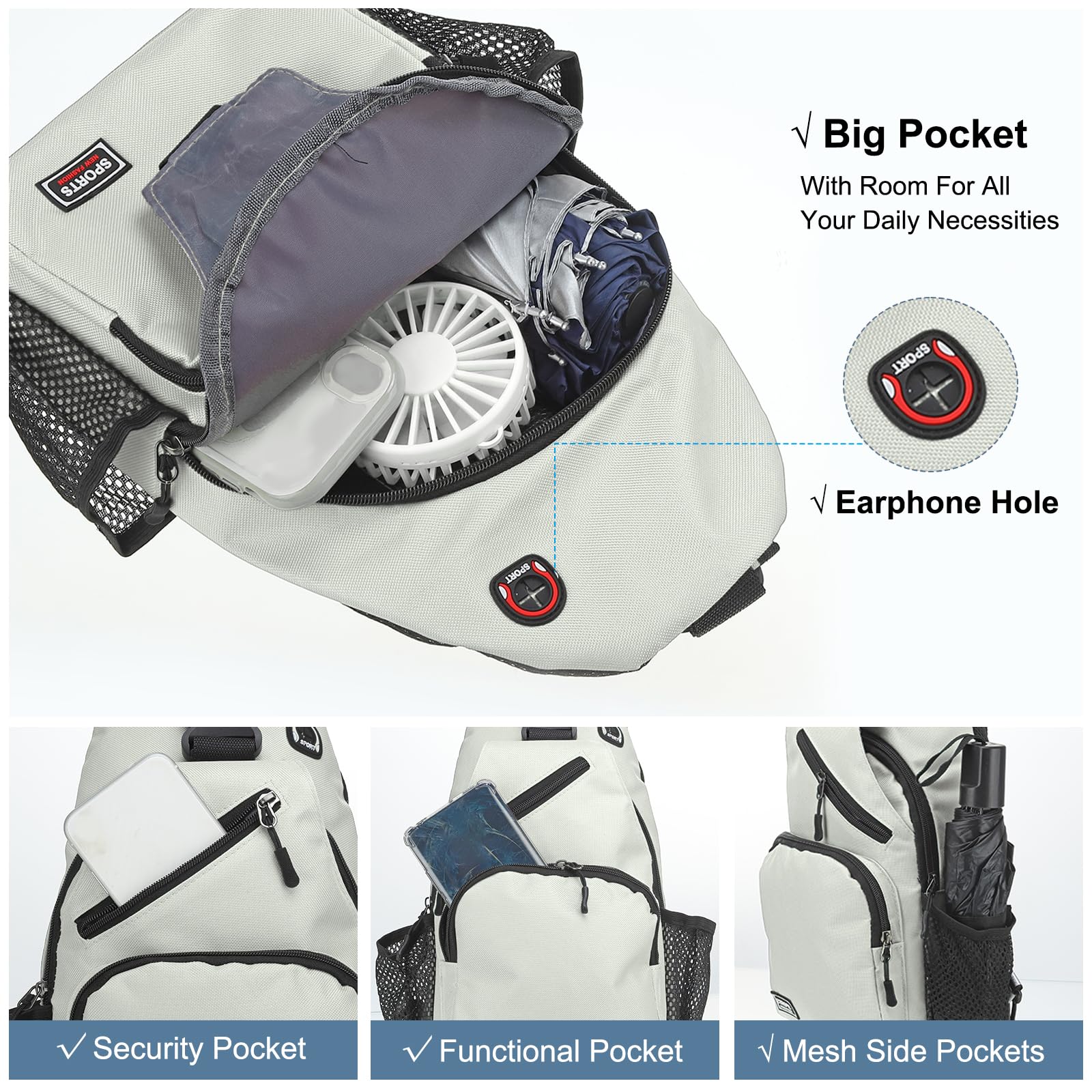 Convertible Sling Bag Crossbody Backpack for Women & Men - 8.5x15 Inch Lightweight Multifunctional Shoulder Bag with Headphone Jack - Perfect for Hiking, Travel, Cycling & Everyday Use - White