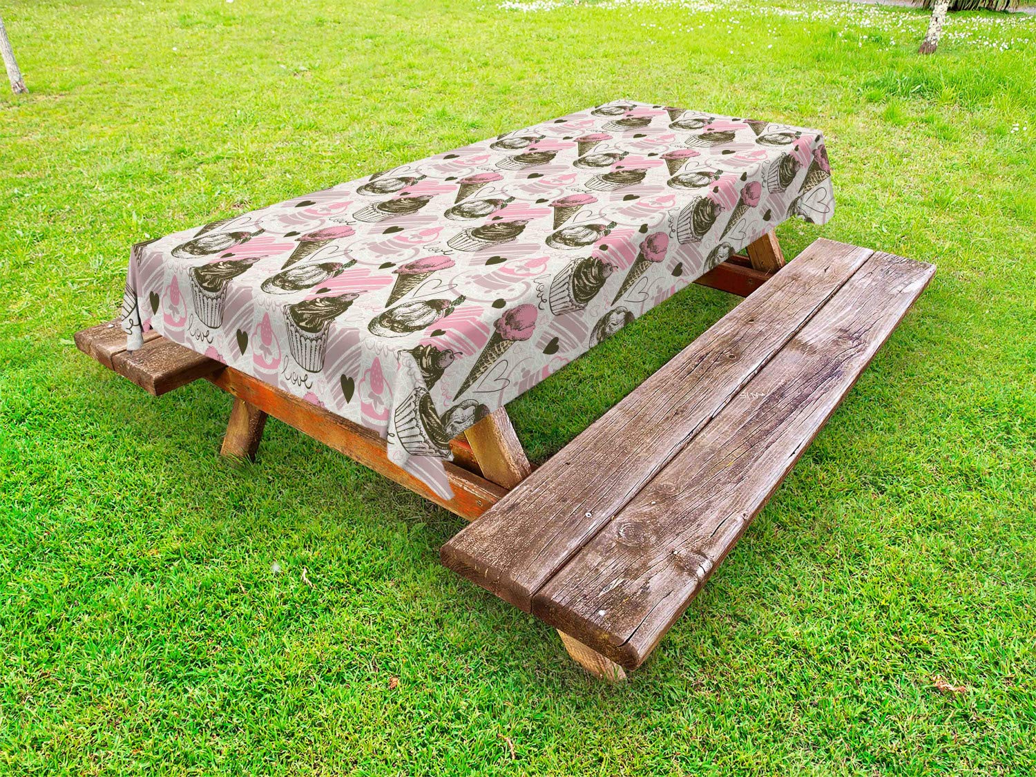 Ambesonne Waterproof Outdoor Tablecloth - Grunge Style Cupcakes with Heart Design, Washable Picnic Table Cover 58x84 Inches, Army Green & Pale Pink - Perfect for BBQs, Garden Parties & Picnics