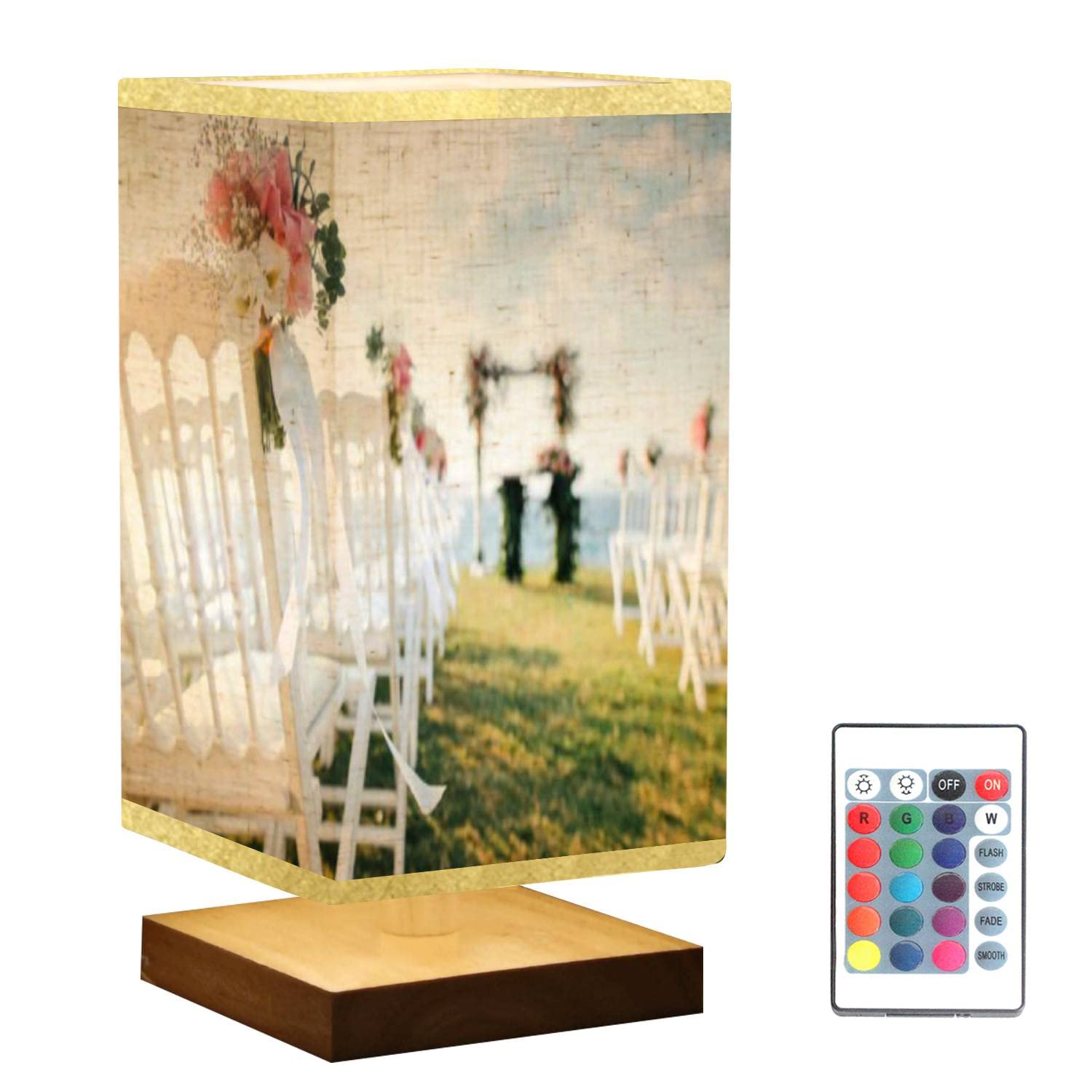 Romantic Wooden Base Flaxen Fabric Shade Dimmable Nightstand Lamp - Square Bedside Table Lamp for Bedroom, Living Room, Wedding Ceremony - Perfect for Cozy Reading, Relaxing & Home Decor