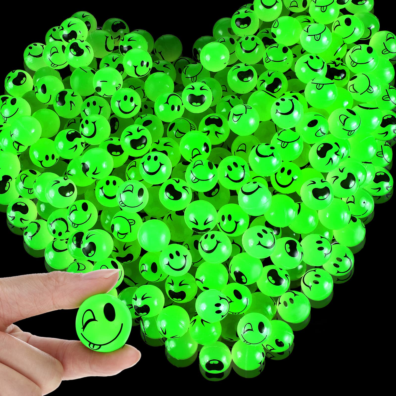 300 Pack Glow in the Dark Bouncy Balls - 1 Inch High Bounce Smiley Face Balls (3 Styles) for Kids Party Favors, Birthday Goodie Bags, Classroom Rewards & Stress Relief Toys - Bulk Bouncy Ball Gift Fillers