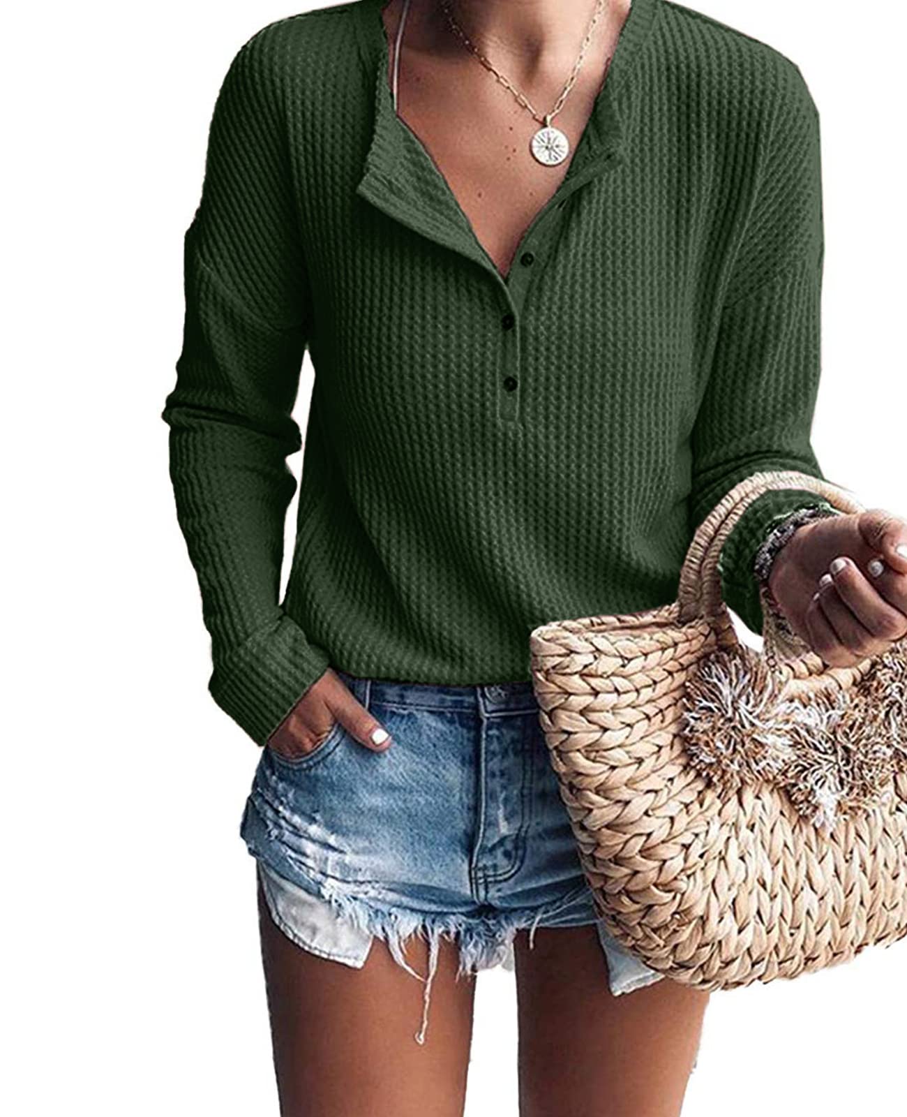 Glanzition Women's Casual V-Neck Button Up Loose Waffle Knit Tunic Henley Shirt - Comfortable & Stylish for Work, Weekend & Layering Outfits