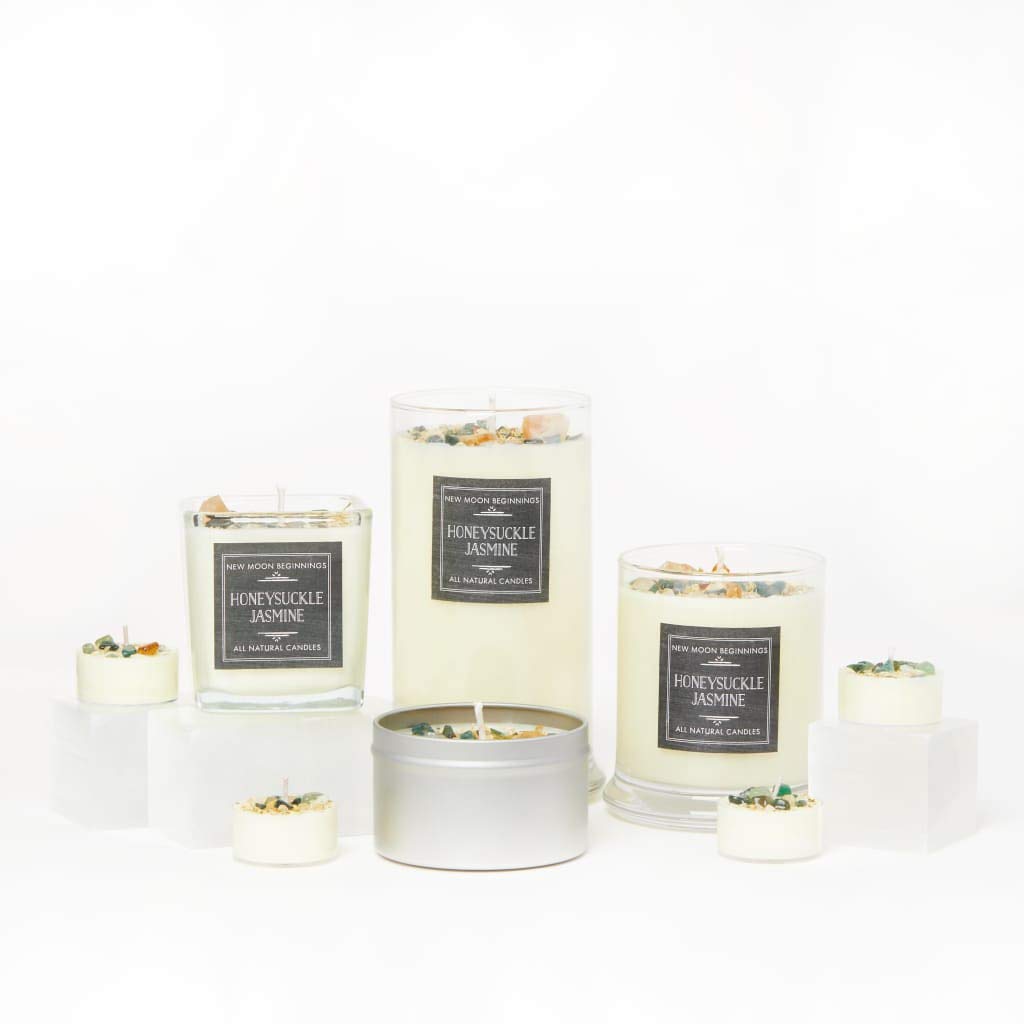 New Moon Beginnings Honeysuckle Jasmine Scented Soy Candle with Dried Flowers & Crystals | All-Natural Floral Aromatherapy Candle for Relaxation, Meditation & Home Decor