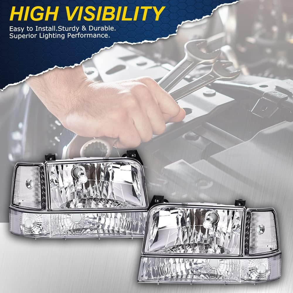 Ford Bronco F150 F250 F350 Super Duty Headlights 1992-1997 - Clear Lens Chrome Housing Headlight Assembly with Corner Signal Bumper Lamps (6pc Set) - Perfect for Off-Roading, Night Driving & Vehicle Restoration Projects