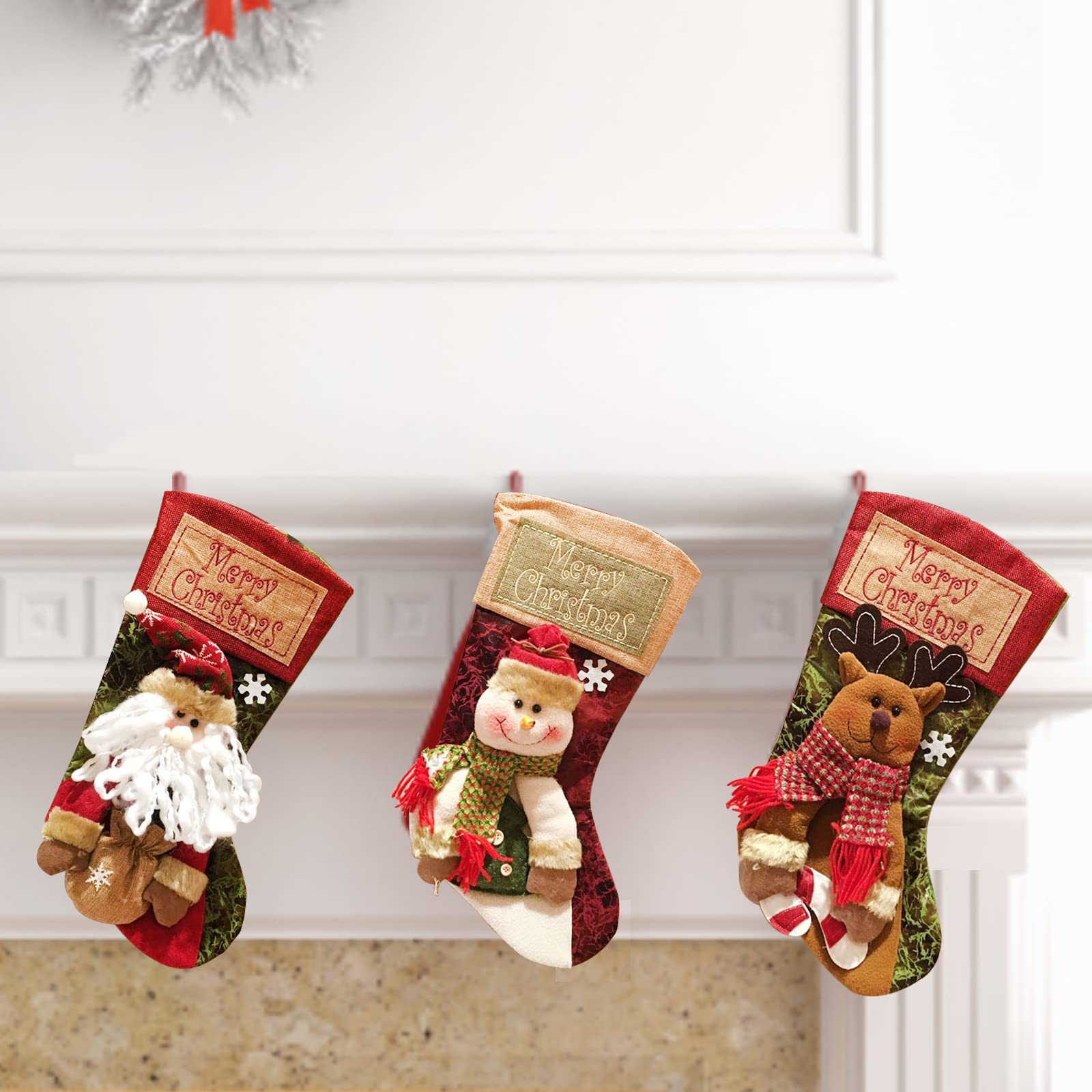 RENXR 3-Piece Christmas Stocking Set - 20 Inch Festive Holiday Decor with 3D Santa, Snowman & Reindeer Designs - Perfect for Fireplace Mantel, Gift Exchange & Christmas Tree Decorations
