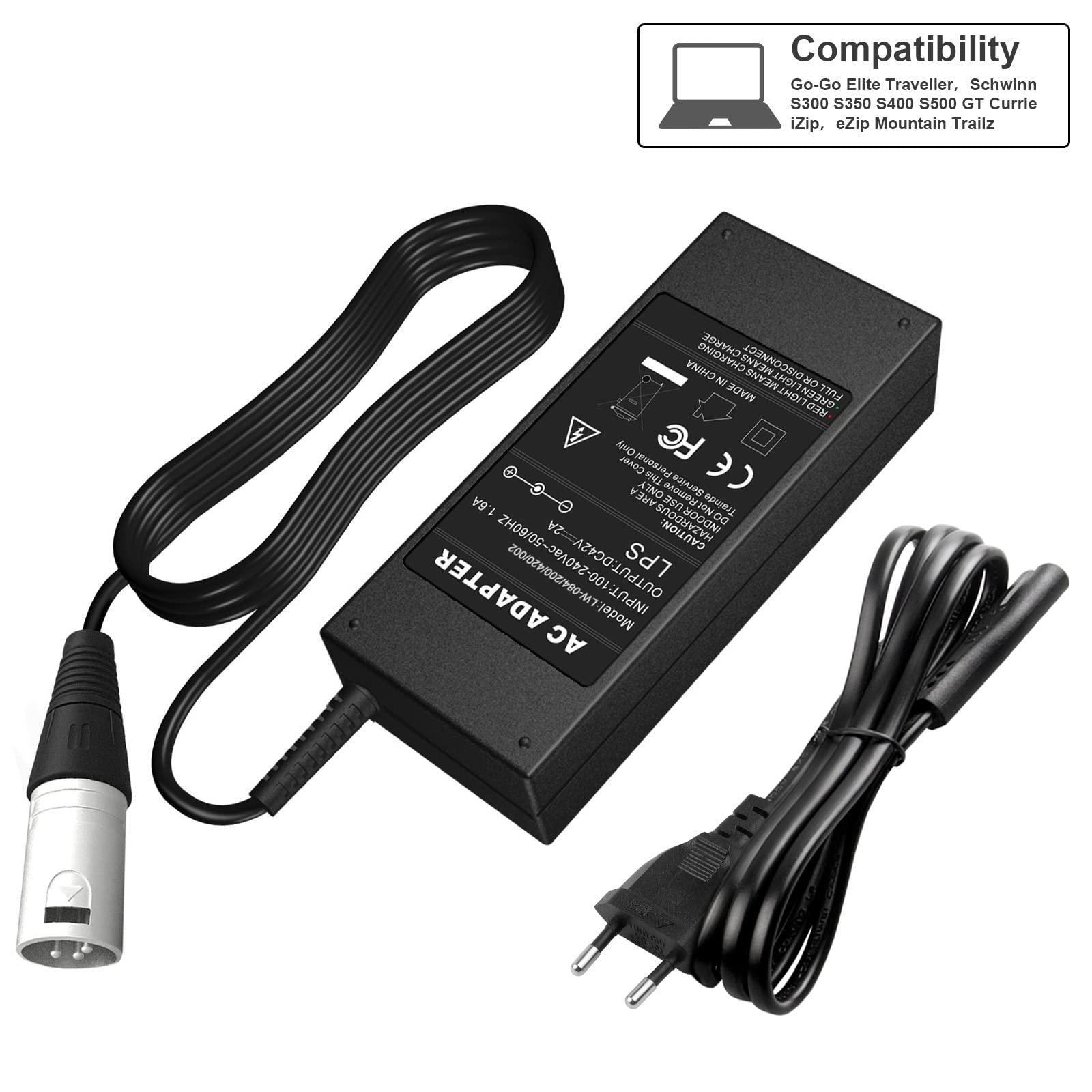 36V 42V 2A Lithium Battery Charger for Electric Bikes - 10 Series Male 3-Pin XLR Connector - Perfect for E-Bike, Scooter & Mobility Scooter Charging
