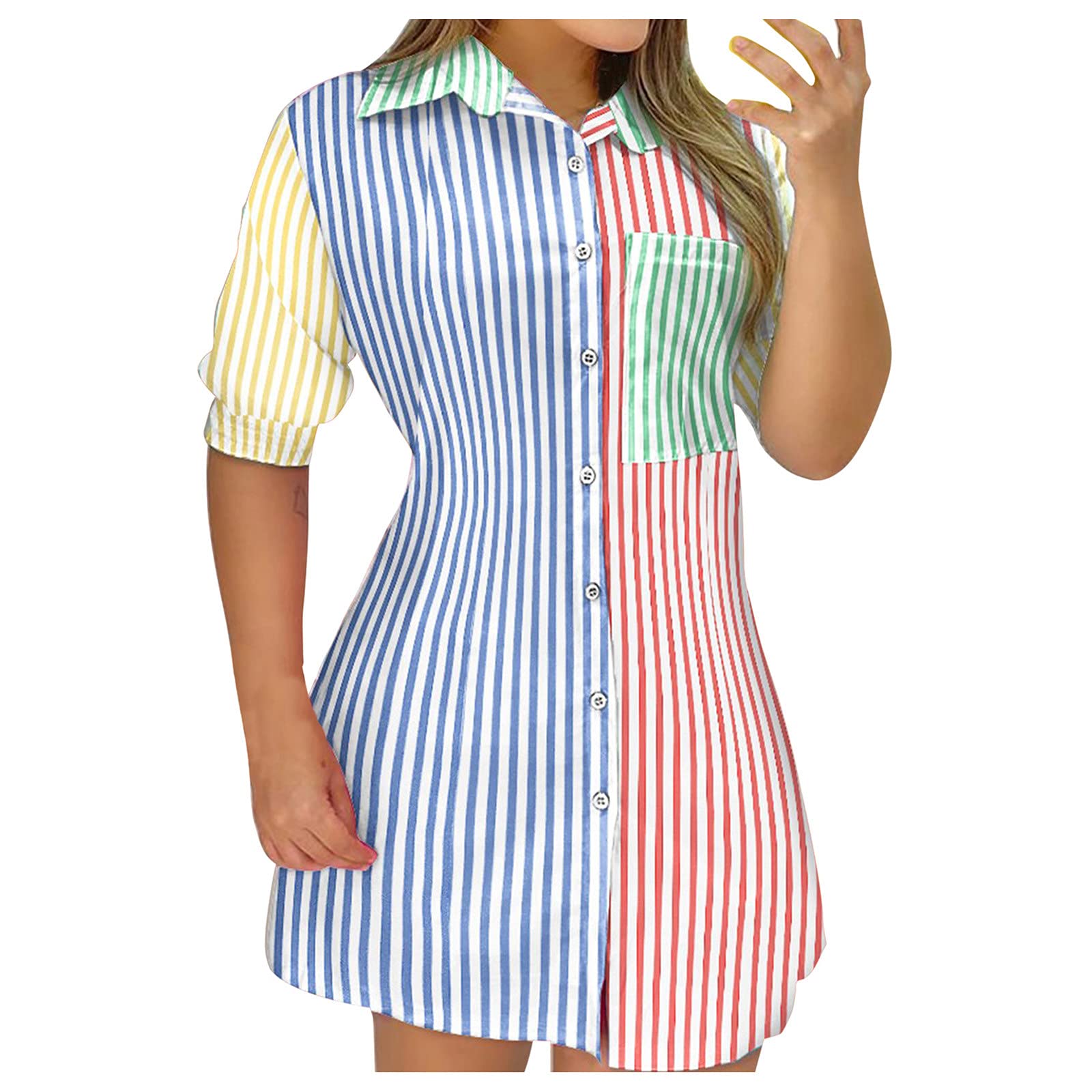 Stylish Women's Casual Pocket Dress Shirt - Colorblock Design with Front Buttons & Long Sleeves | Perfect for Office Wear, Date Nights & Everyday Outfits